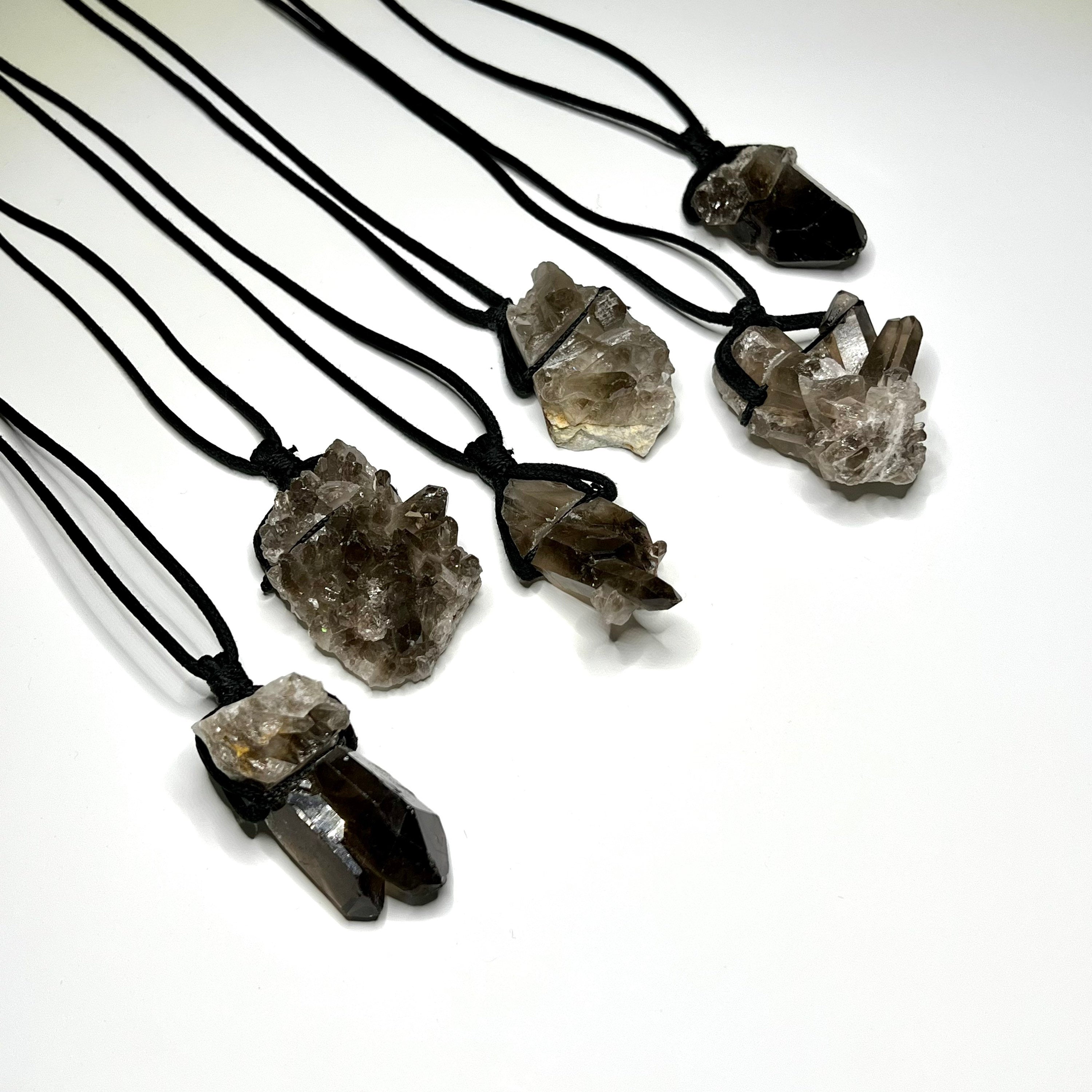 Smoky Quartz Cluster Pendant Necklace: Adjustable Cord