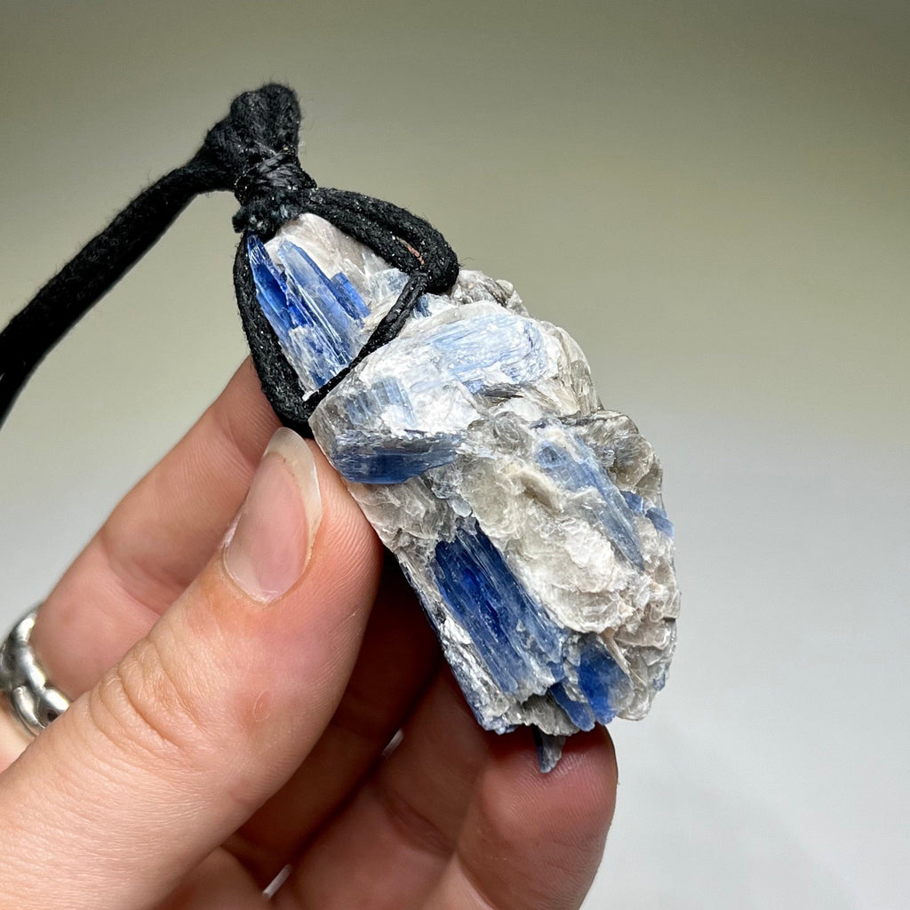 Blue Kyanite Crystal Pendant Necklace: Handmade Gemstone Cord Necklace