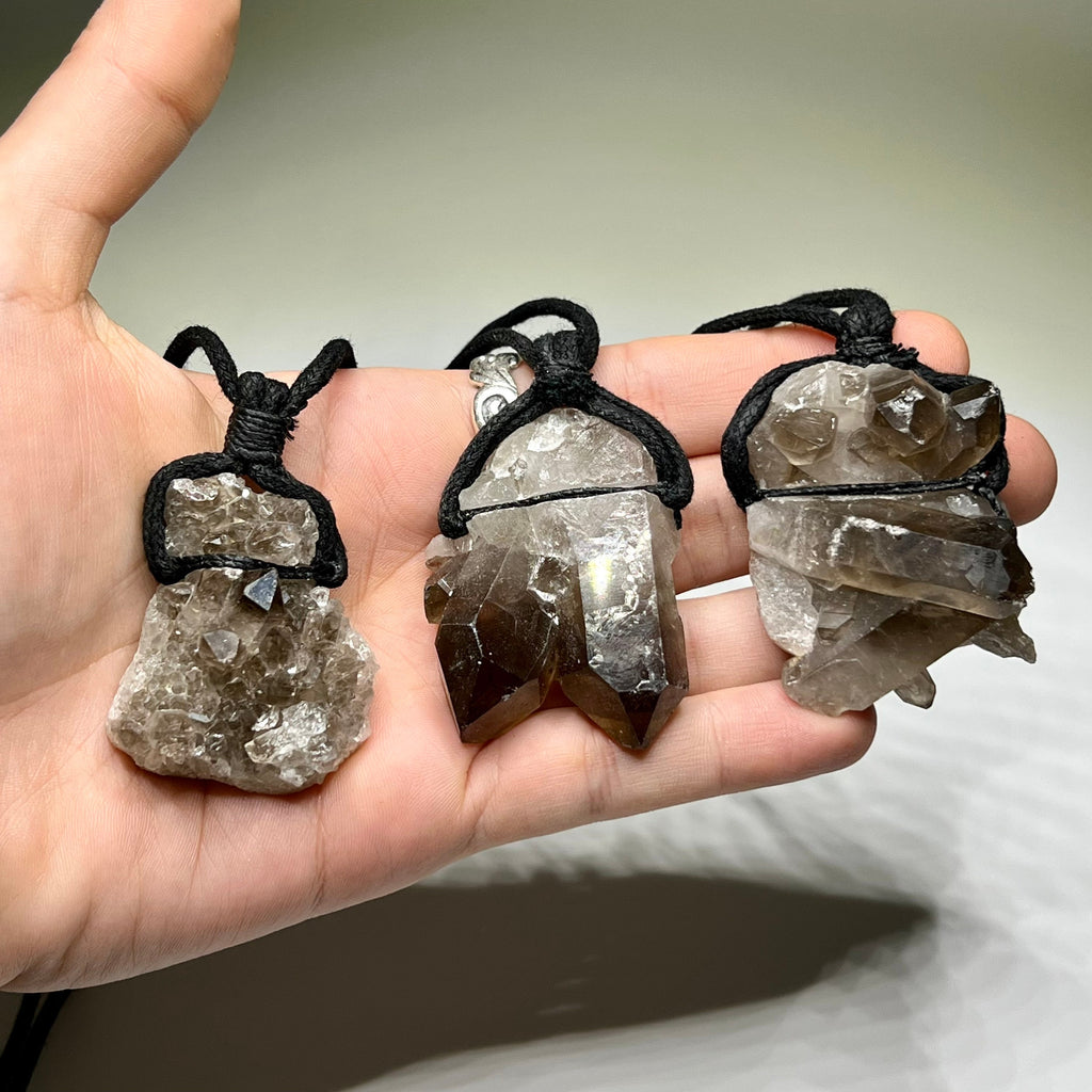 Smoky Quartz Cluster Pendant Necklace: Adjustable Cord