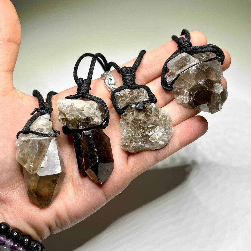 Smoky Quartz Cluster Pendant Necklace: Adjustable Cord