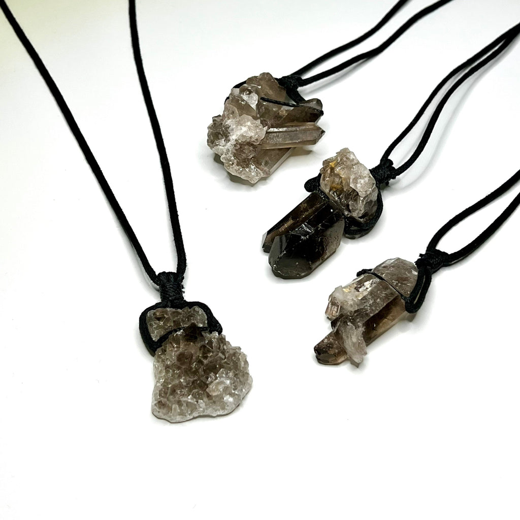 Smoky Quartz Cluster Pendant Necklace: Adjustable Cord