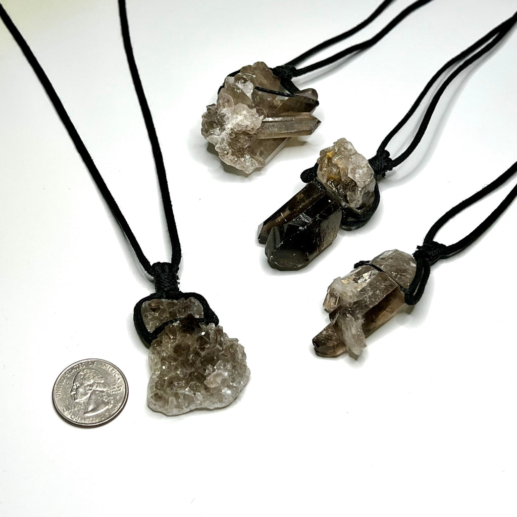 Smoky Quartz Cluster Pendant Necklace: Adjustable Cord