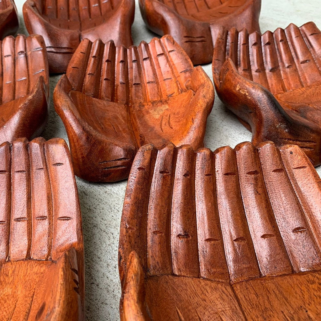 Large Wood Carved Praying Hand Shape Bowl