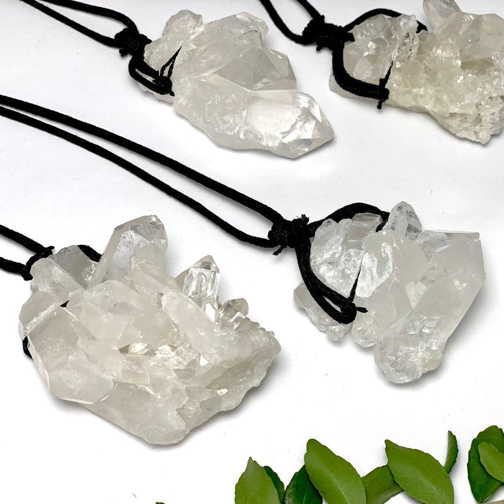 Clear Quartz Cluster Cord Necklace - Metaphysical Crystal Jewelry