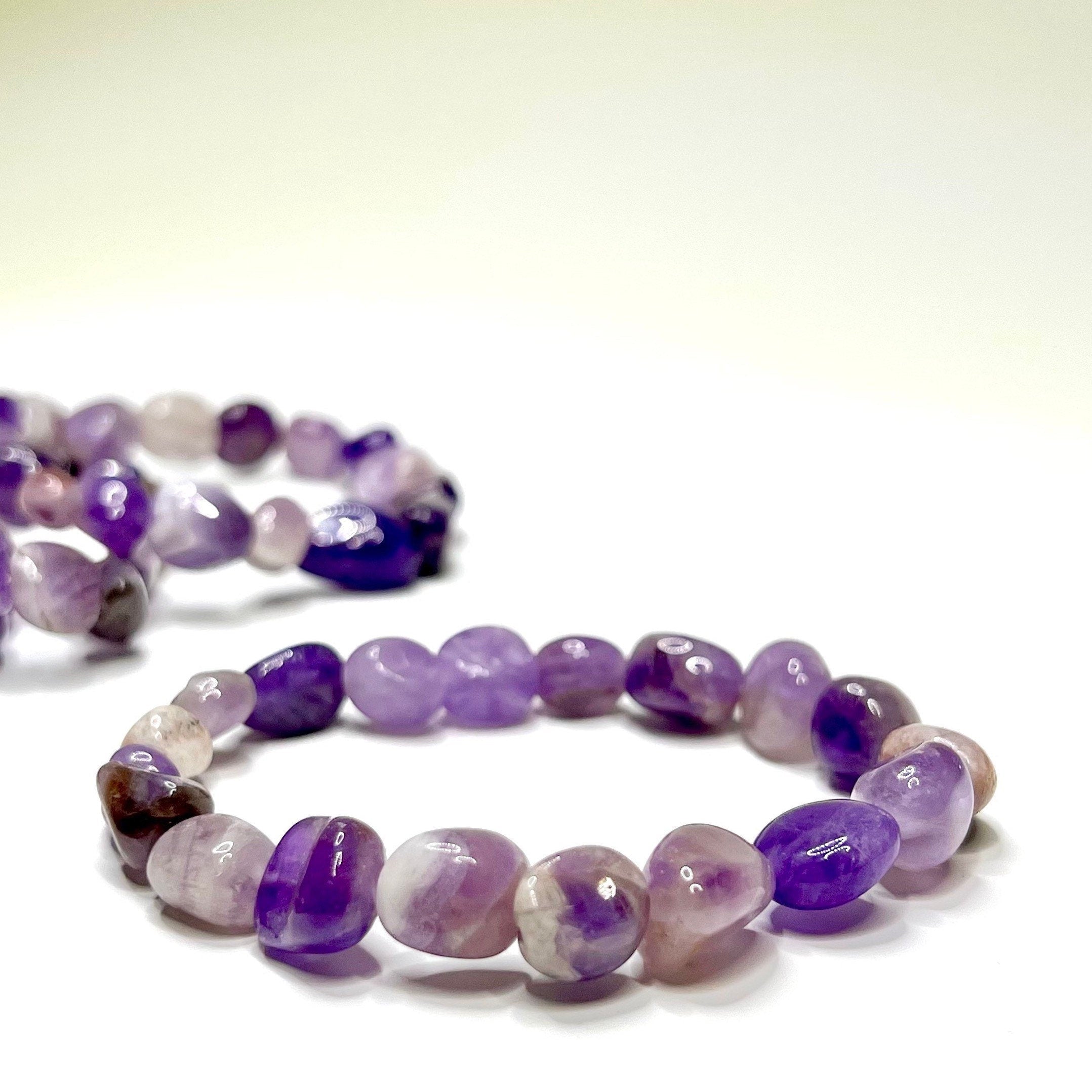 Amethyst Crystal Beaded Bracelet: Handmade Gemstone Stretch Bracelet, 6-10mm Tumbled Beads