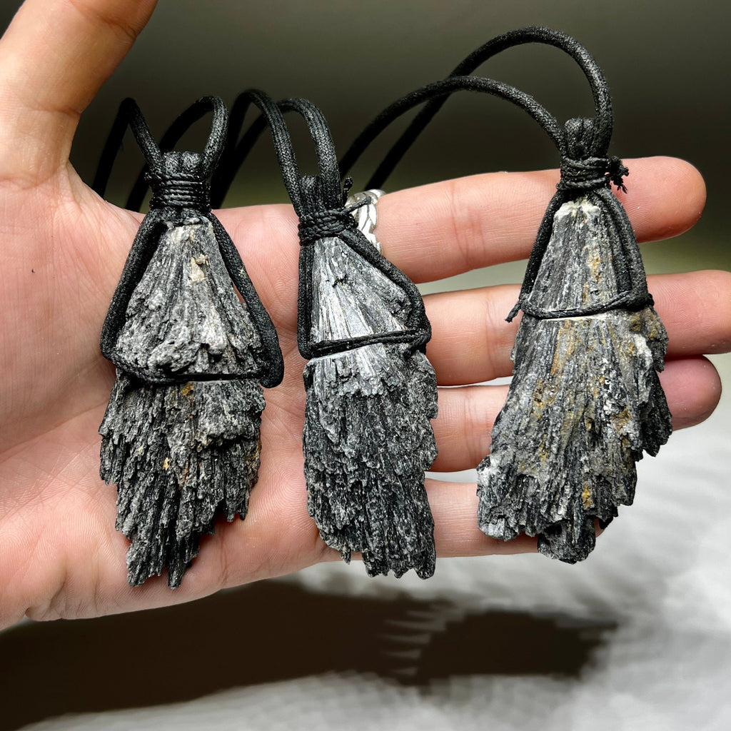 Raw Black Kyanite Pendant Necklace: Handmade Crystal Cord Necklace
