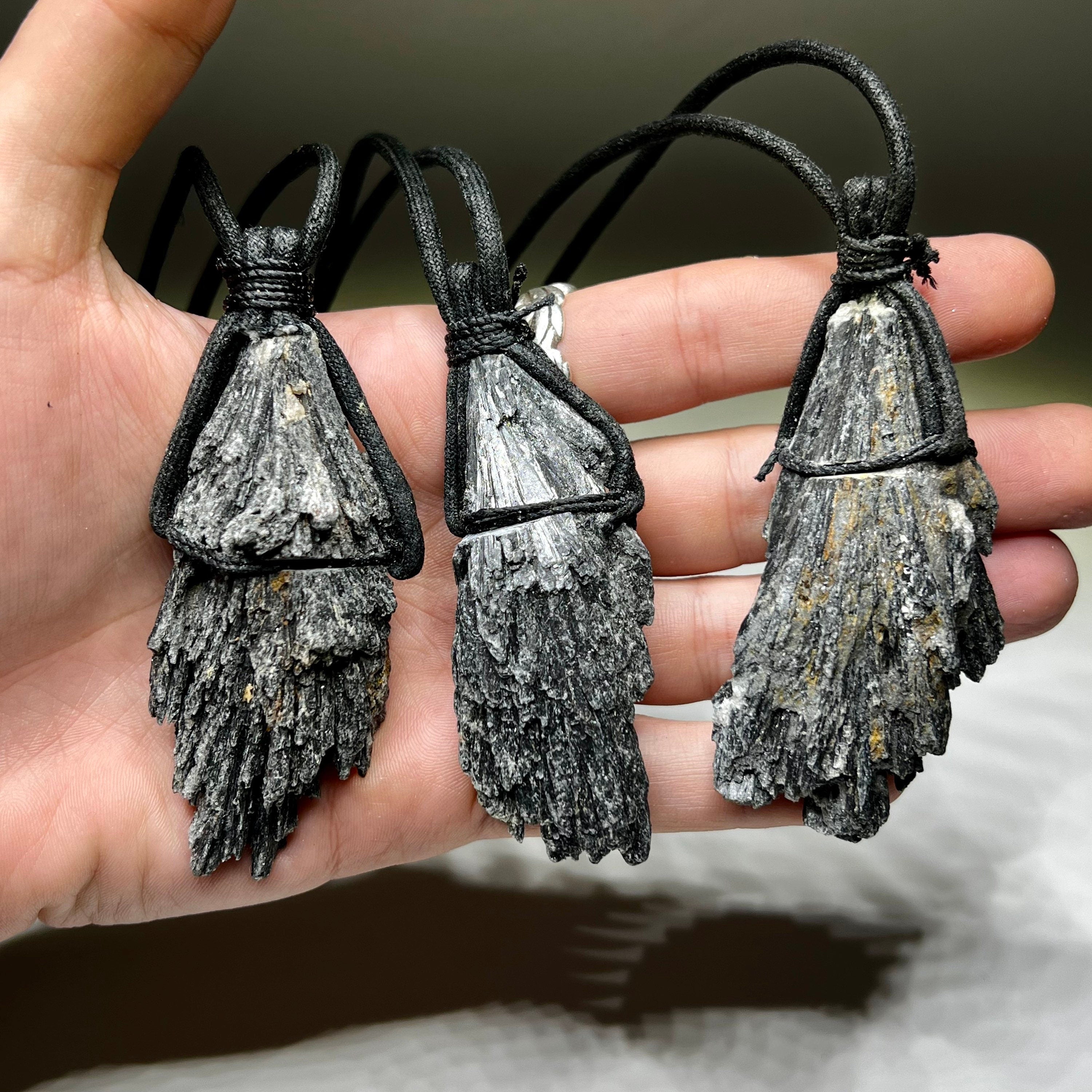 Raw Black Kyanite Pendant Necklace: Handmade Crystal Cord Necklace