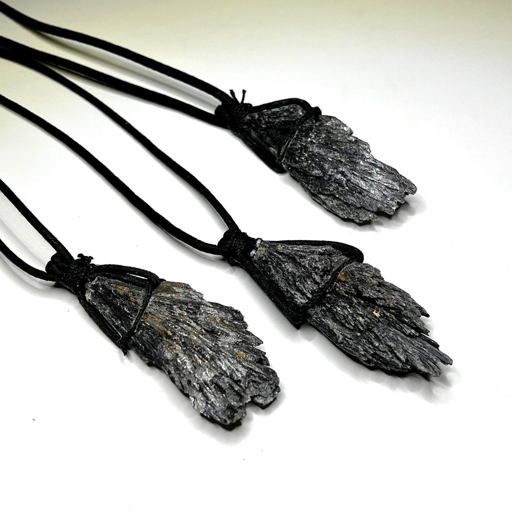 Raw Black Kyanite Pendant Necklace: Handmade Crystal Cord Necklace