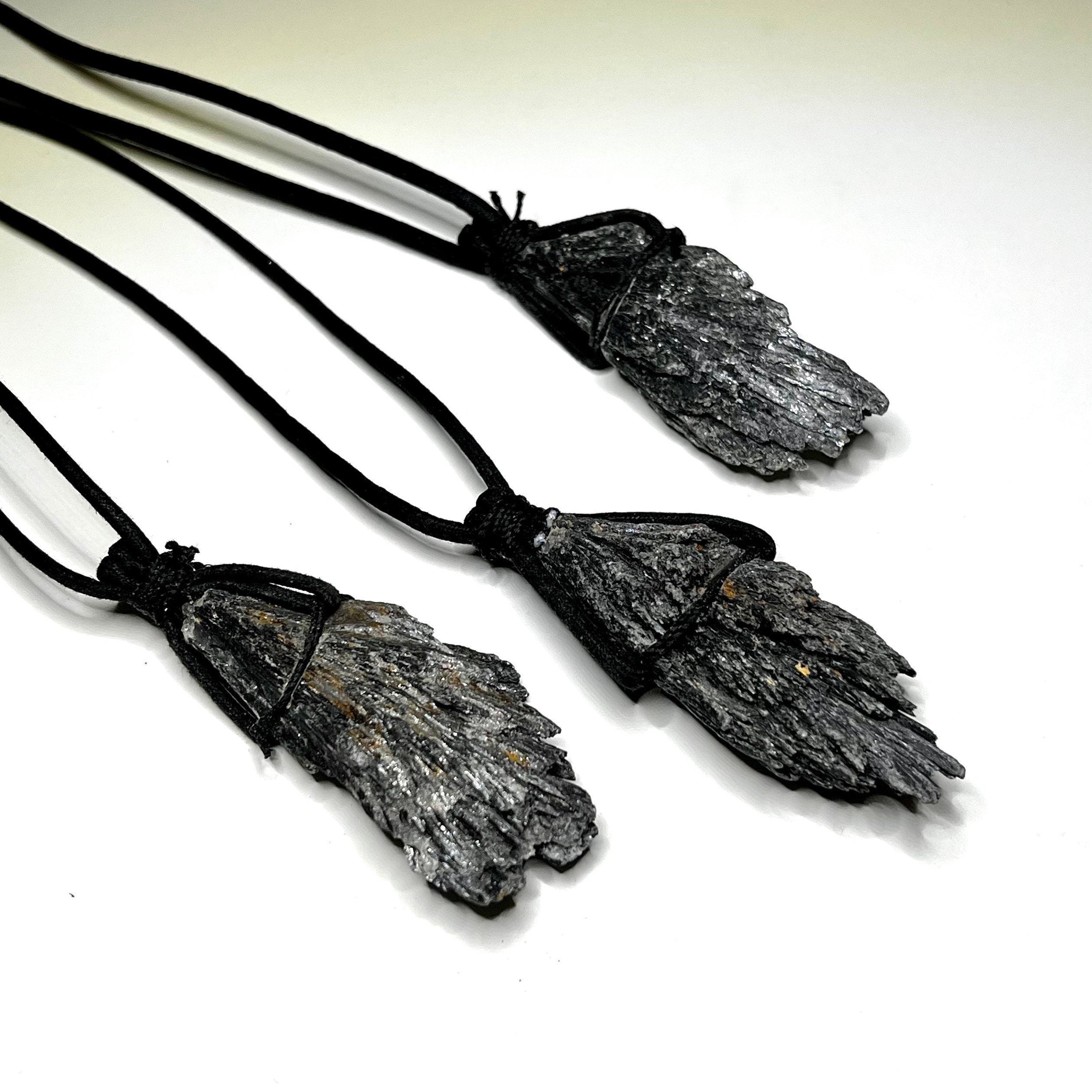 Raw Black Kyanite Pendant Necklace: Handmade Crystal Cord Necklace