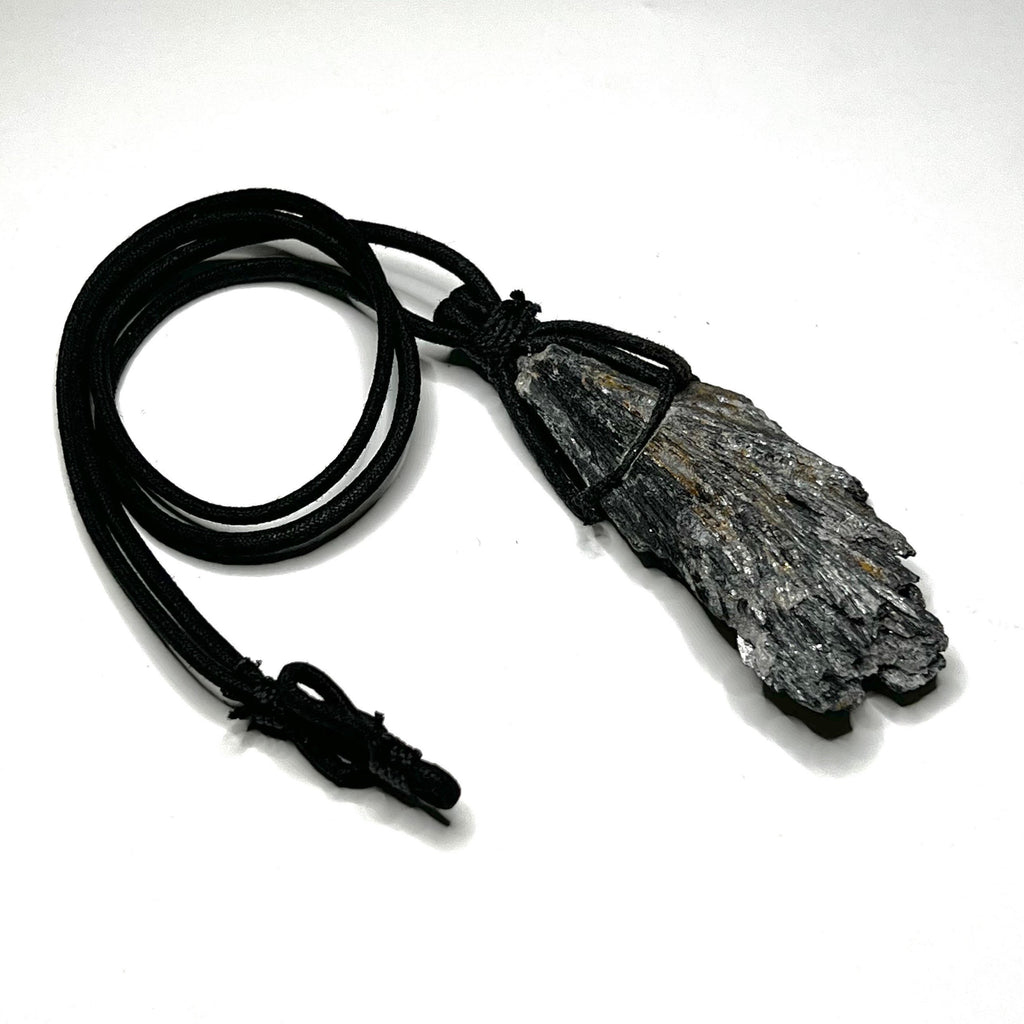 Raw Black Kyanite Pendant Necklace: Handmade Crystal Cord Necklace