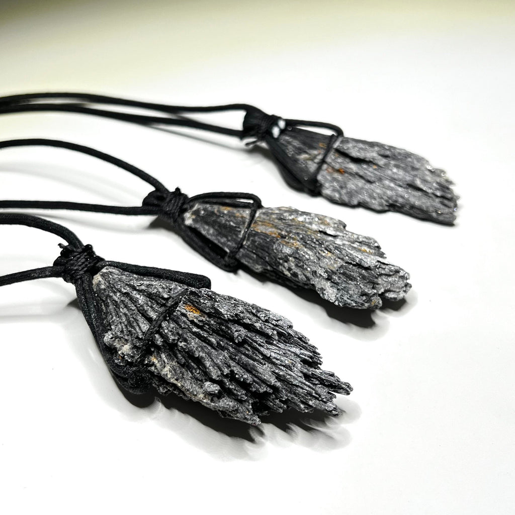 Raw Black Kyanite Pendant Necklace: Handmade Crystal Cord Necklace
