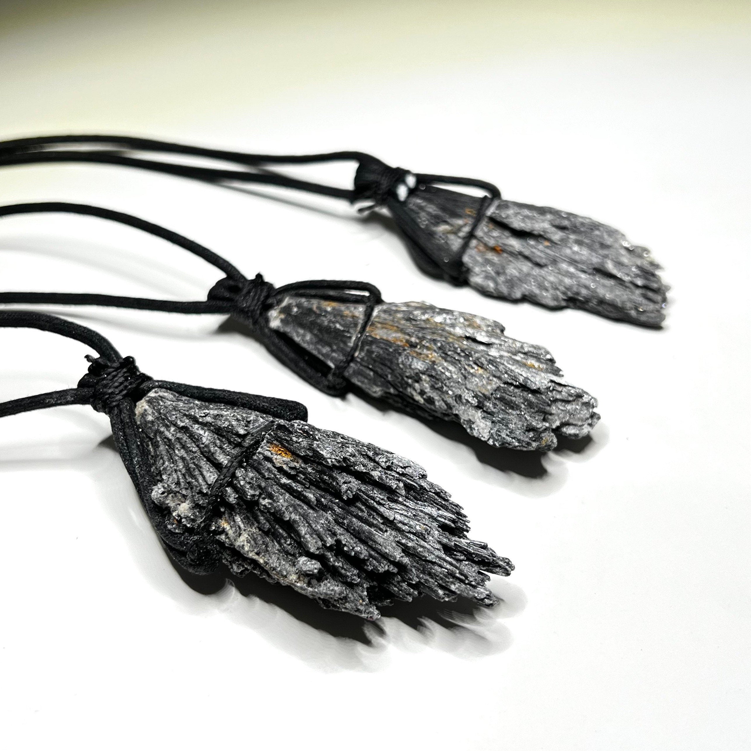 Raw Black Kyanite Pendant Necklace: Handmade Crystal Cord Necklace