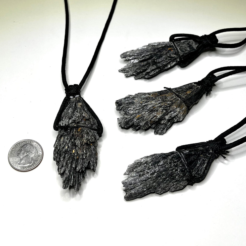 Raw Black Kyanite Pendant Necklace: Handmade Crystal Cord Necklace