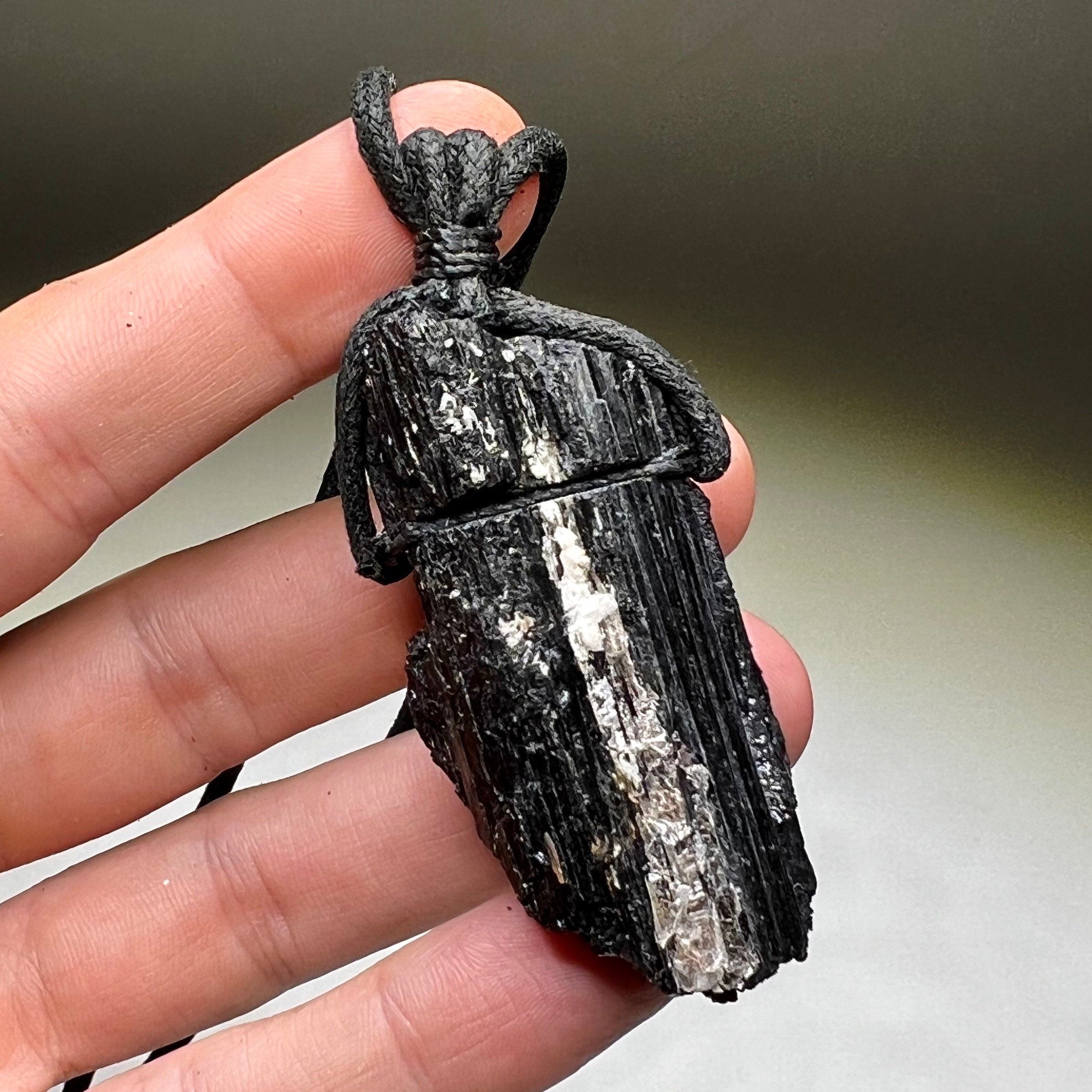Raw Black Tourmaline & Mica Crystal Necklace - Cotton Cord