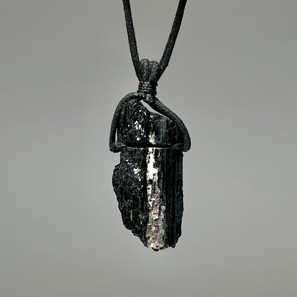 Raw Black Tourmaline & Mica Crystal Necklace - Cotton Cord