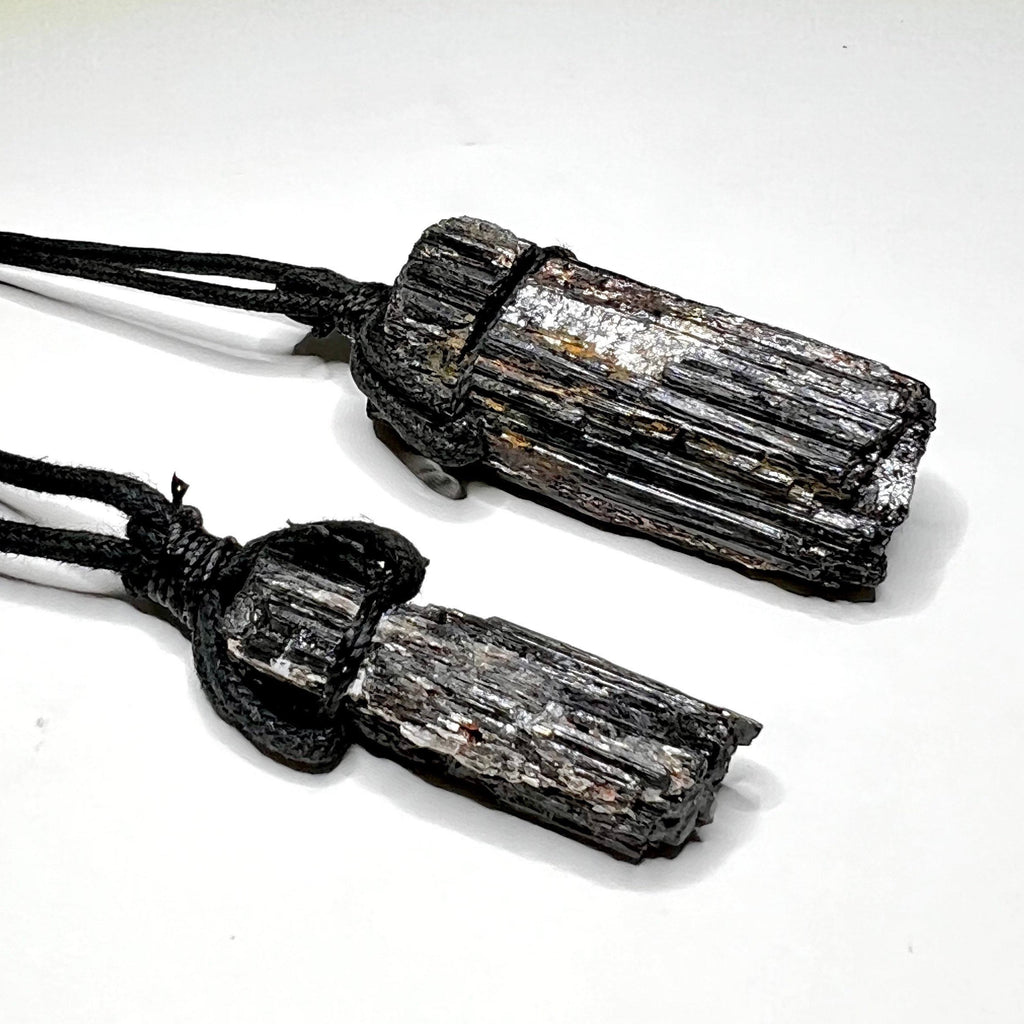 Raw Black Tourmaline & Mica Crystal Necklace - Cotton Cord