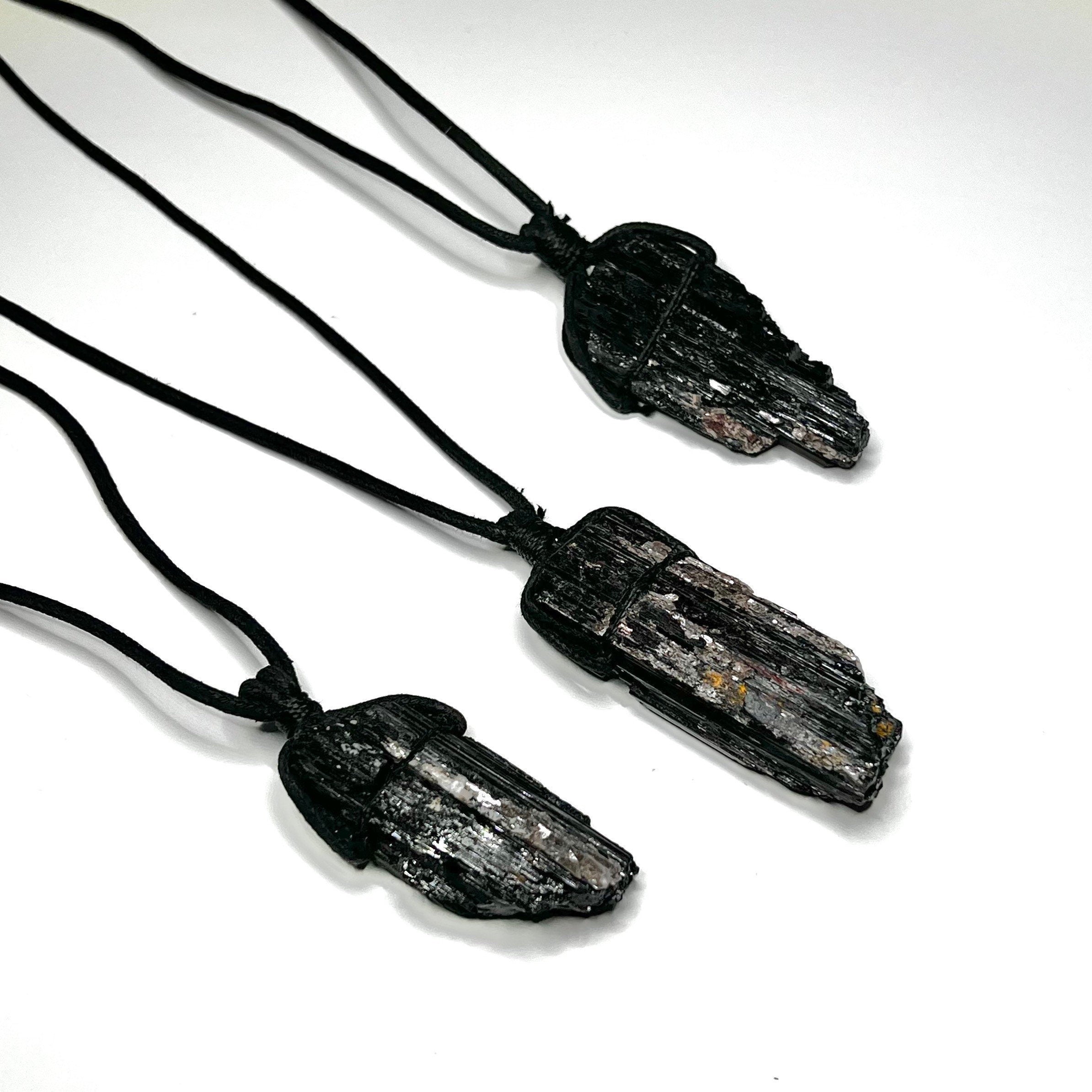Raw Black Tourmaline & Mica Crystal Necklace - Cotton Cord