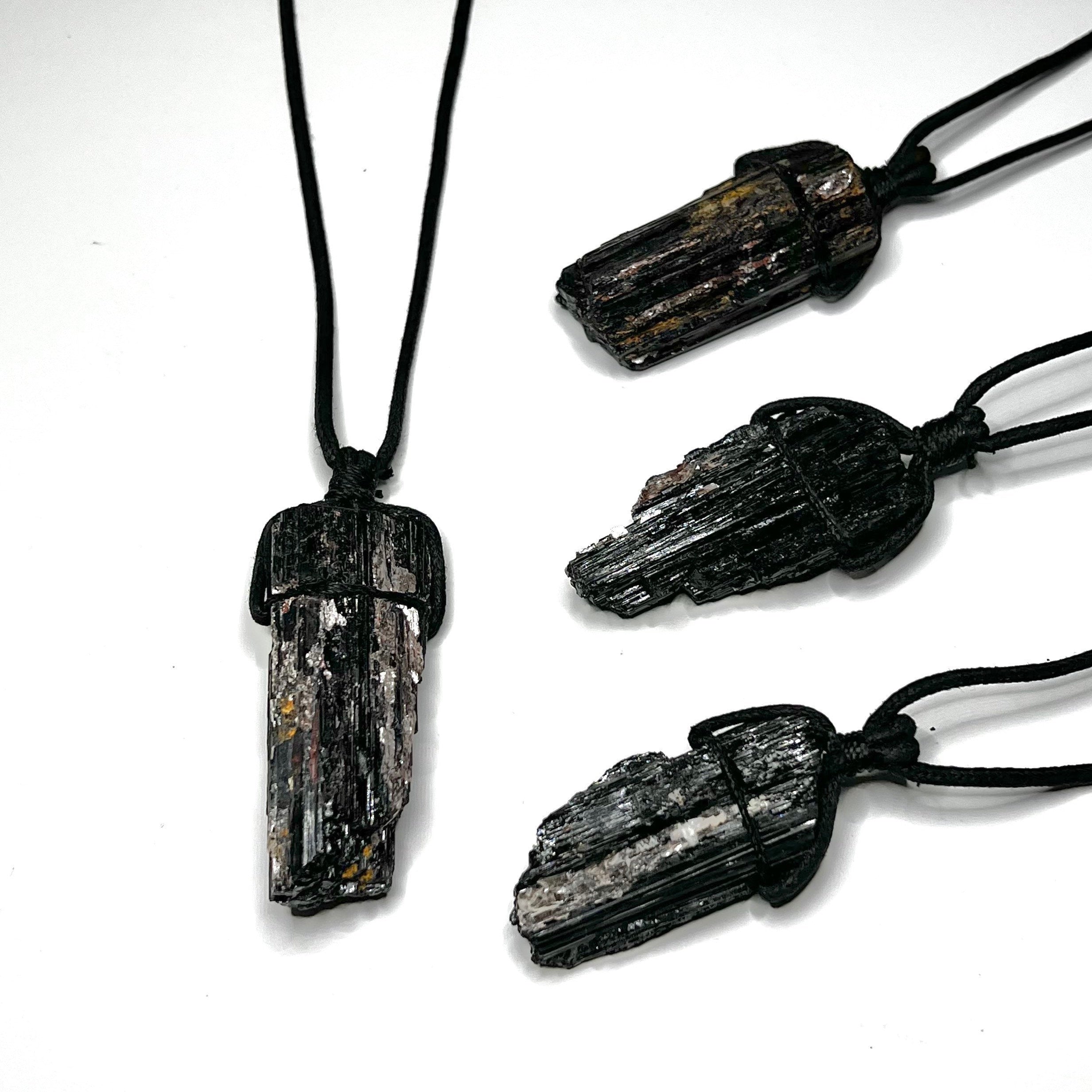 Raw Black Tourmaline & Mica Crystal Necklace - Cotton Cord