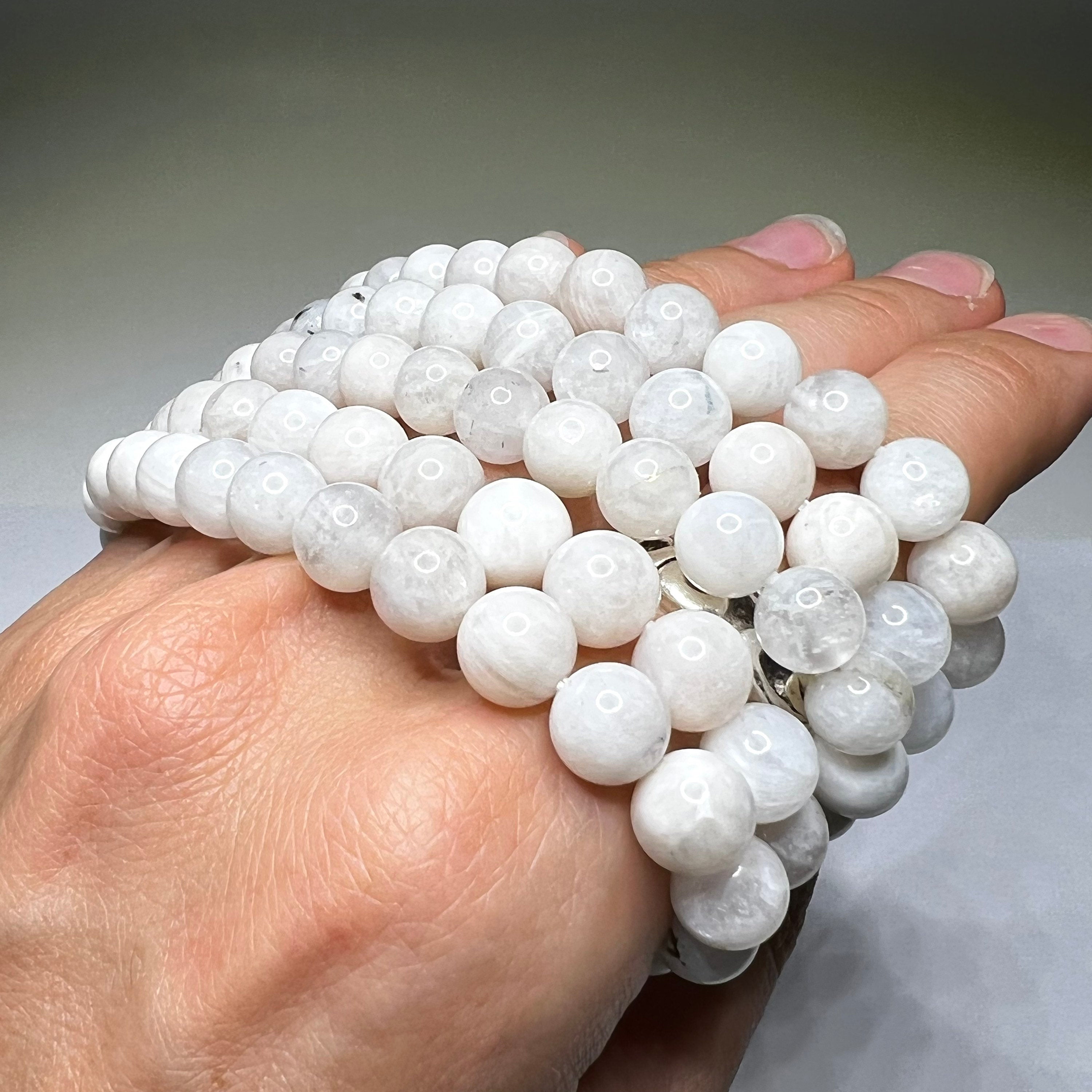 Rainbow Moonstone Beaded Bracelet: Handmade Gemstone Stretch Bracelet, 4-10mm Bead Option