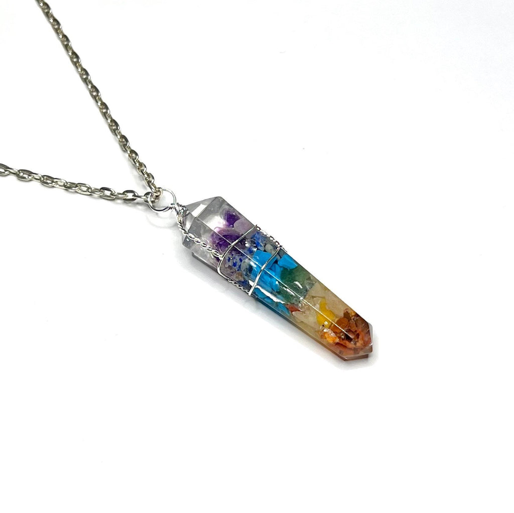 Seven Chakra Stone in Orgonite Wire Wrapped Pendant Necklace