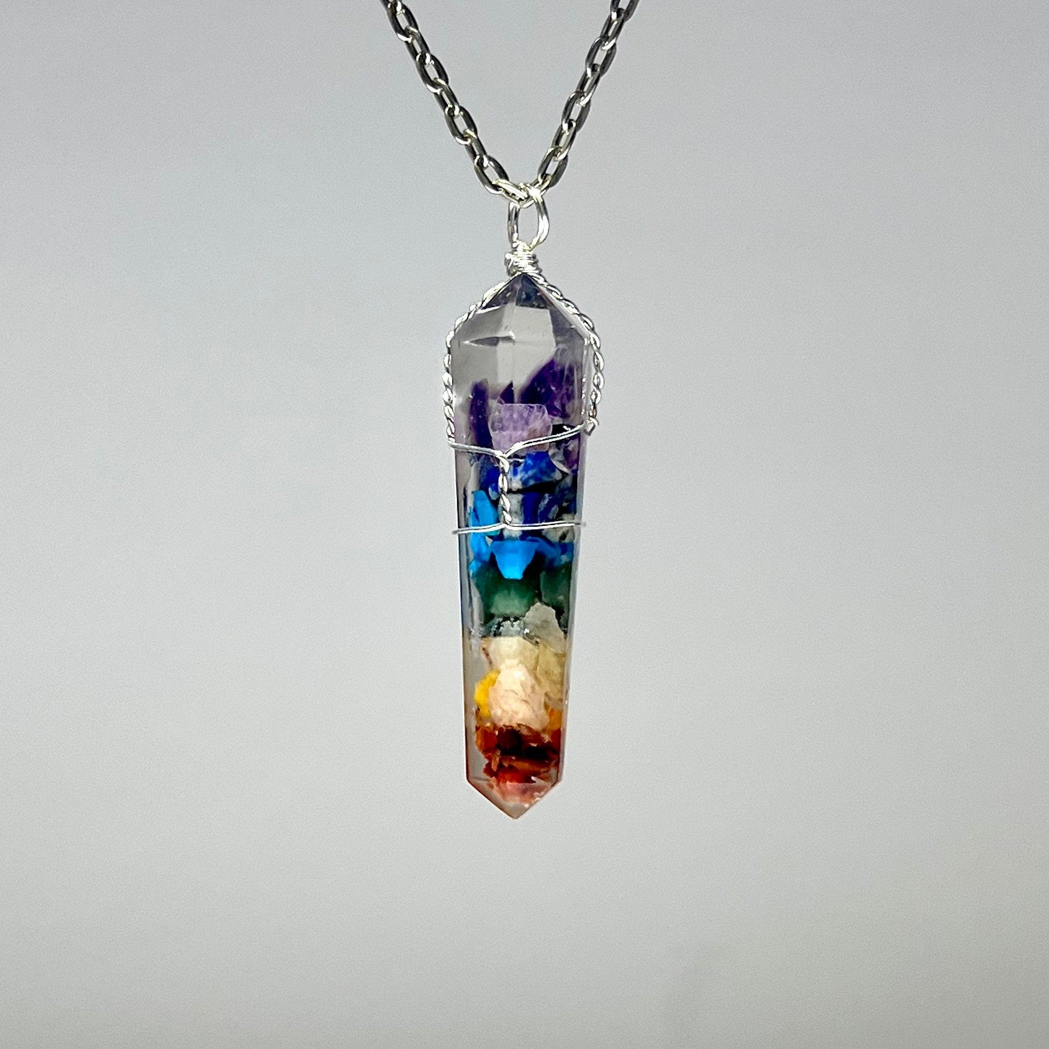Seven Chakra Stone Pendant Necklace, 7 Chakra Crystals in Orgonite Wire Wrapped with Chain