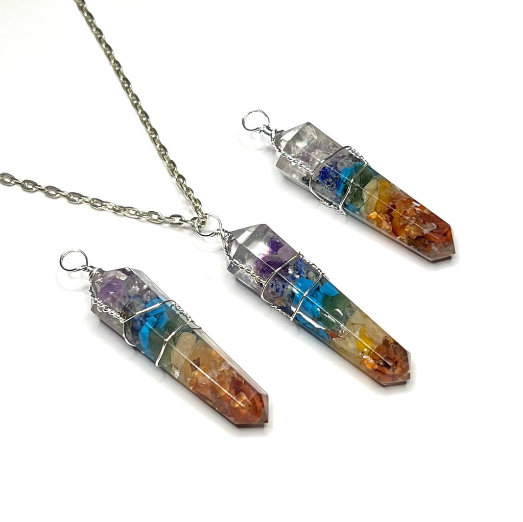 Seven Chakra Stone in Orgonite Wire Wrapped Pendant Necklace