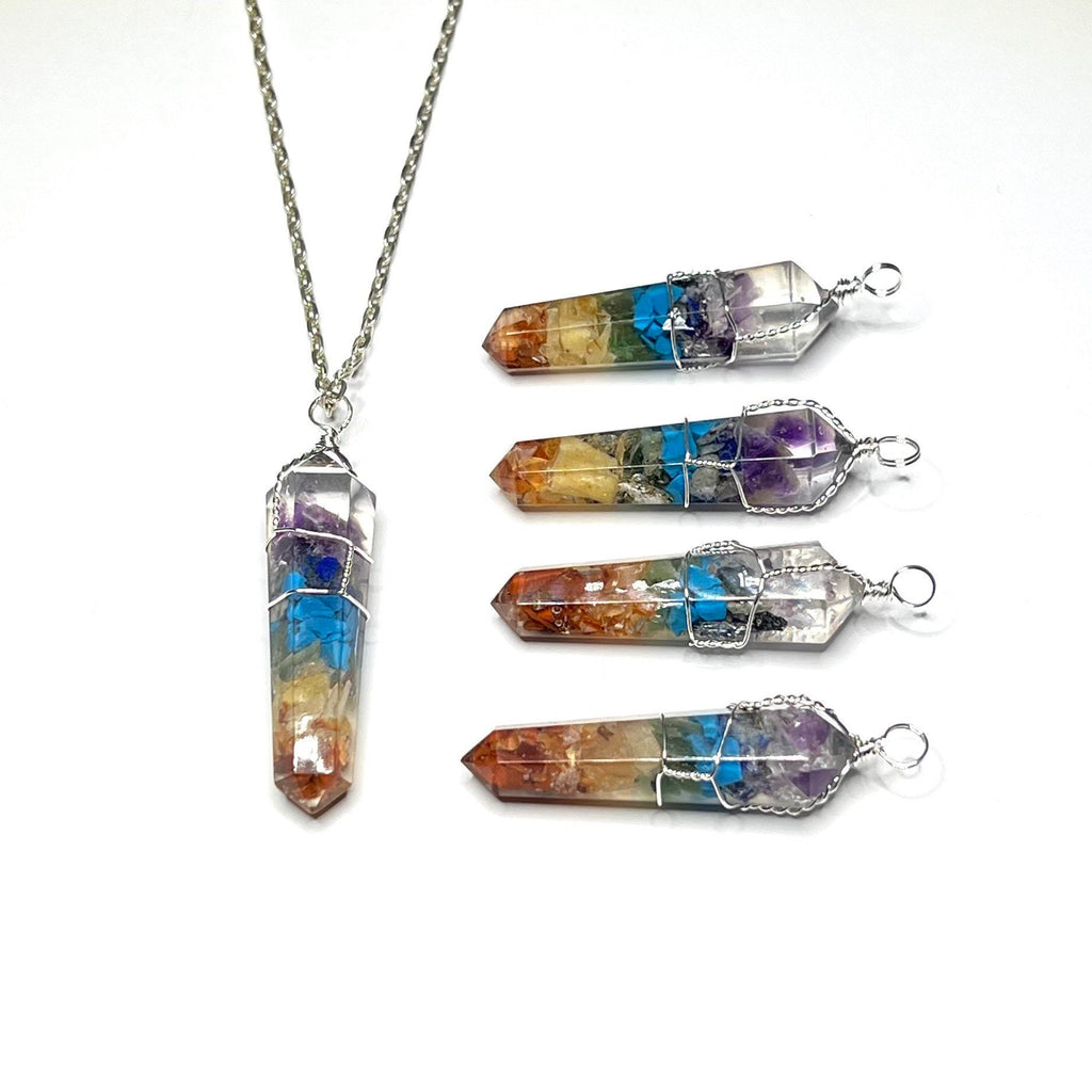 Seven Chakra Stone in Orgonite Wire Wrapped Pendant Necklace