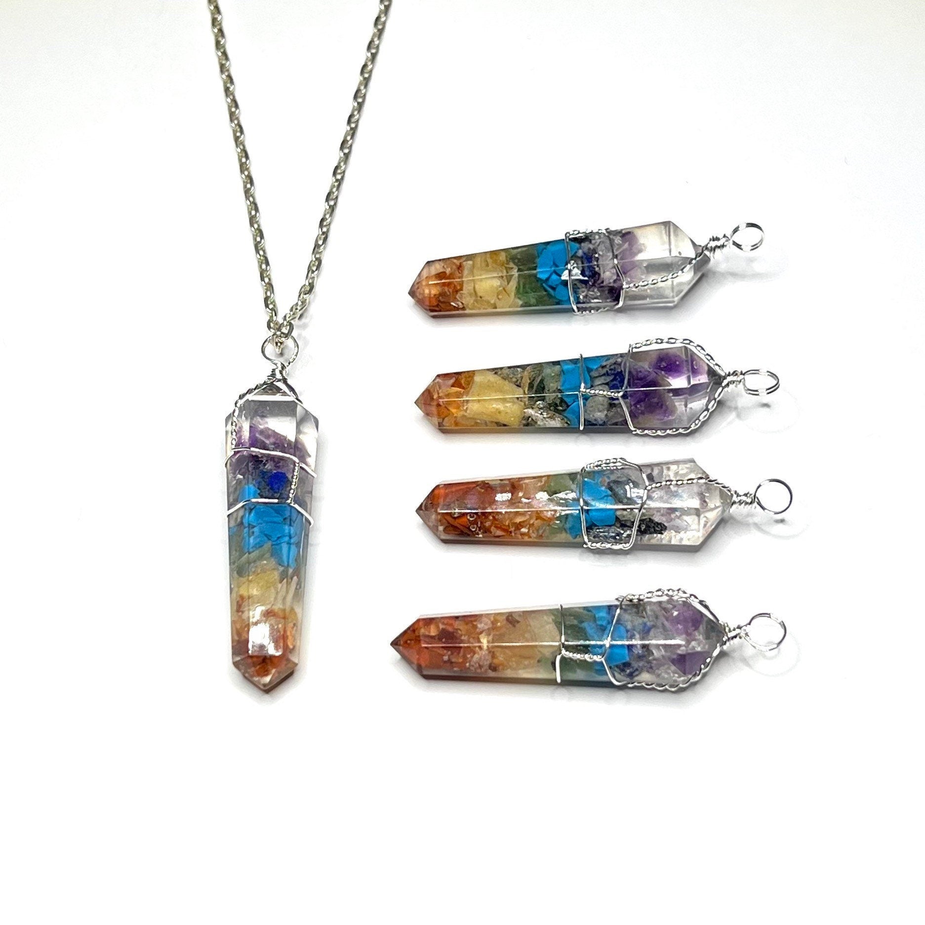 Seven Chakra Stone in Orgonite Wire Wrapped Pendant Necklace