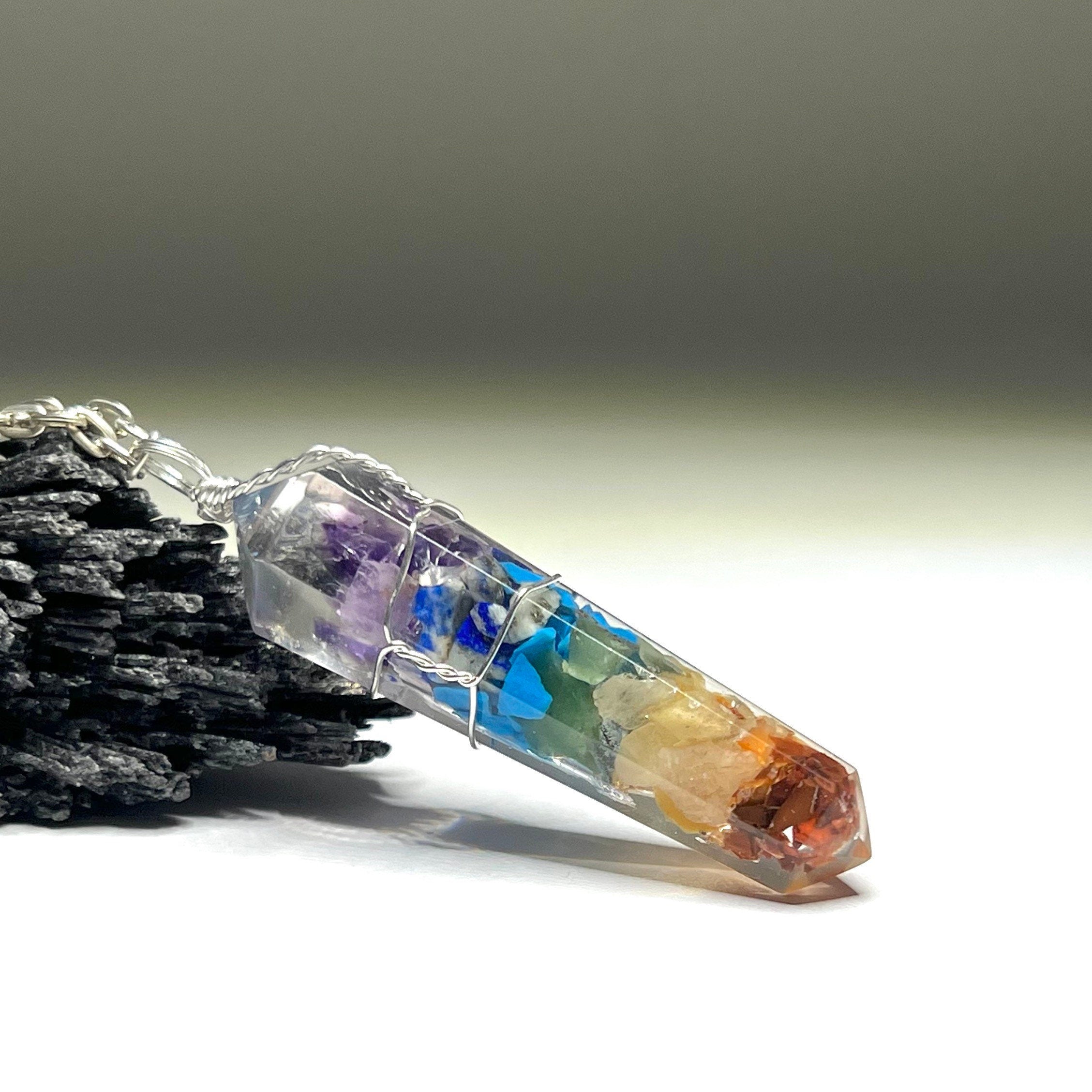 Seven Chakra Stone in Orgonite Wire Wrapped Pendant Necklace