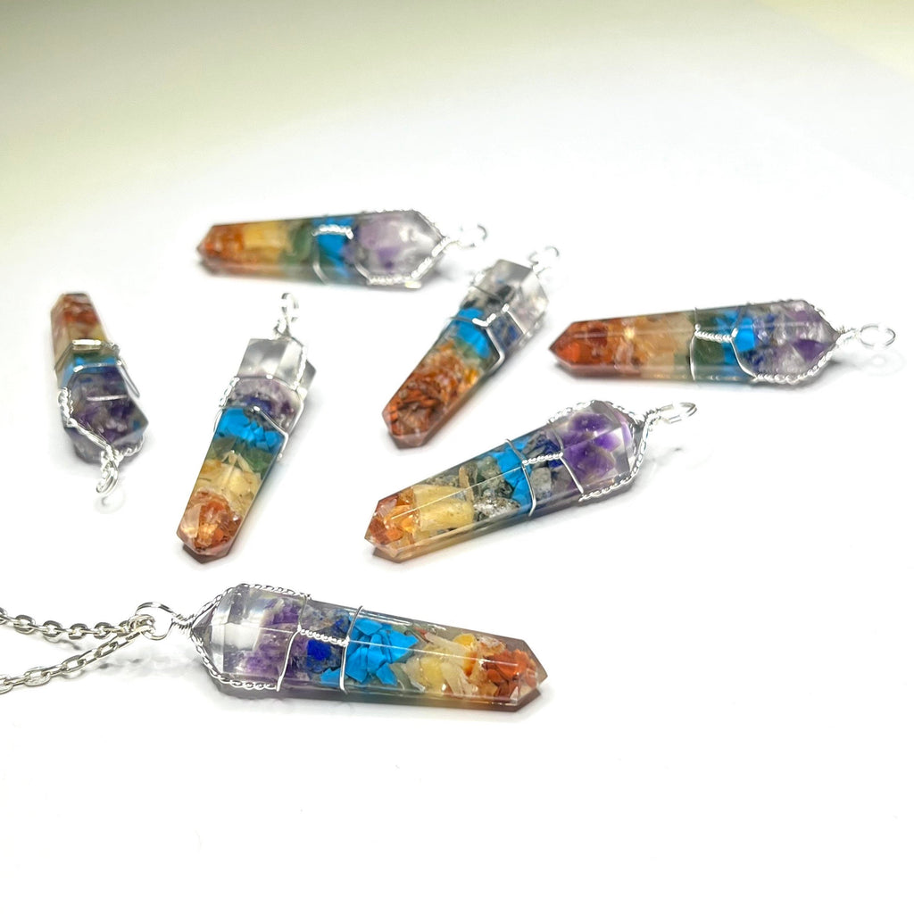 Seven Chakra Stone in Orgonite Wire Wrapped Pendant Necklace