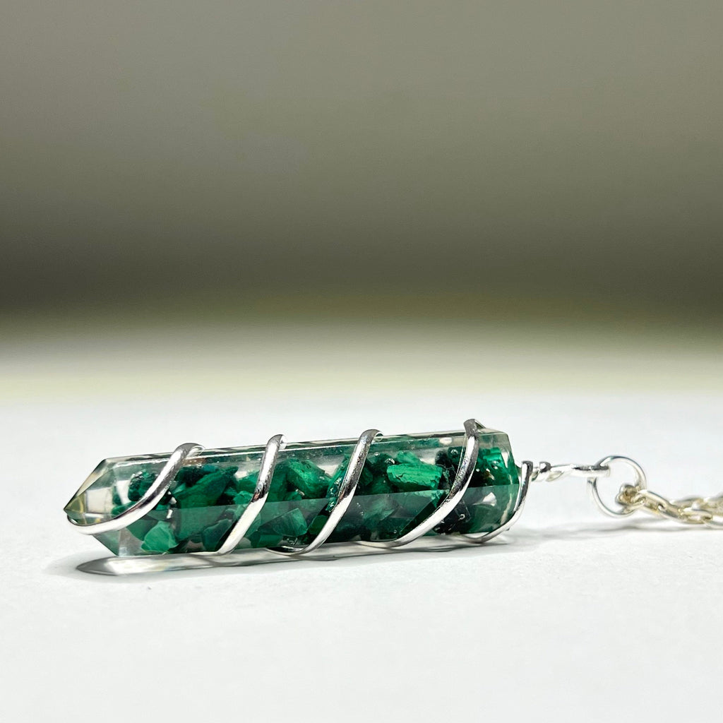 Malachite in Orgonite Wire Wrapped Pendant Necklace