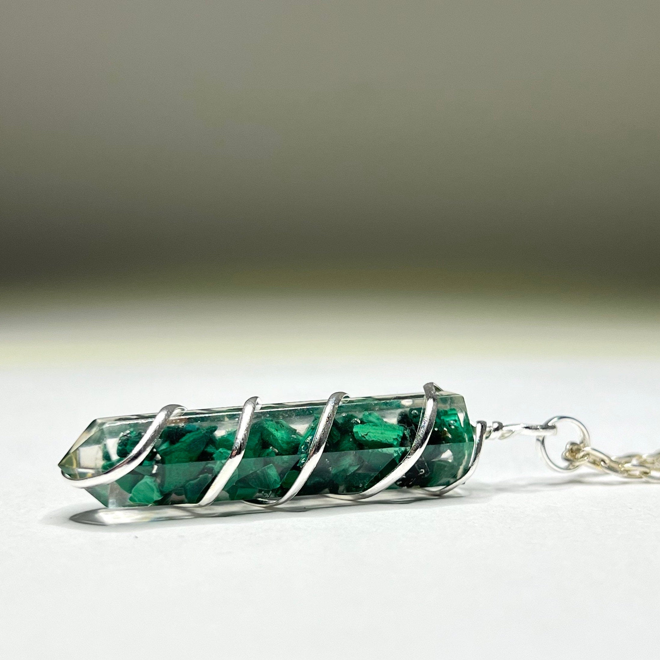 Malachite in Orgonite Wire Wrapped Pendant Necklace