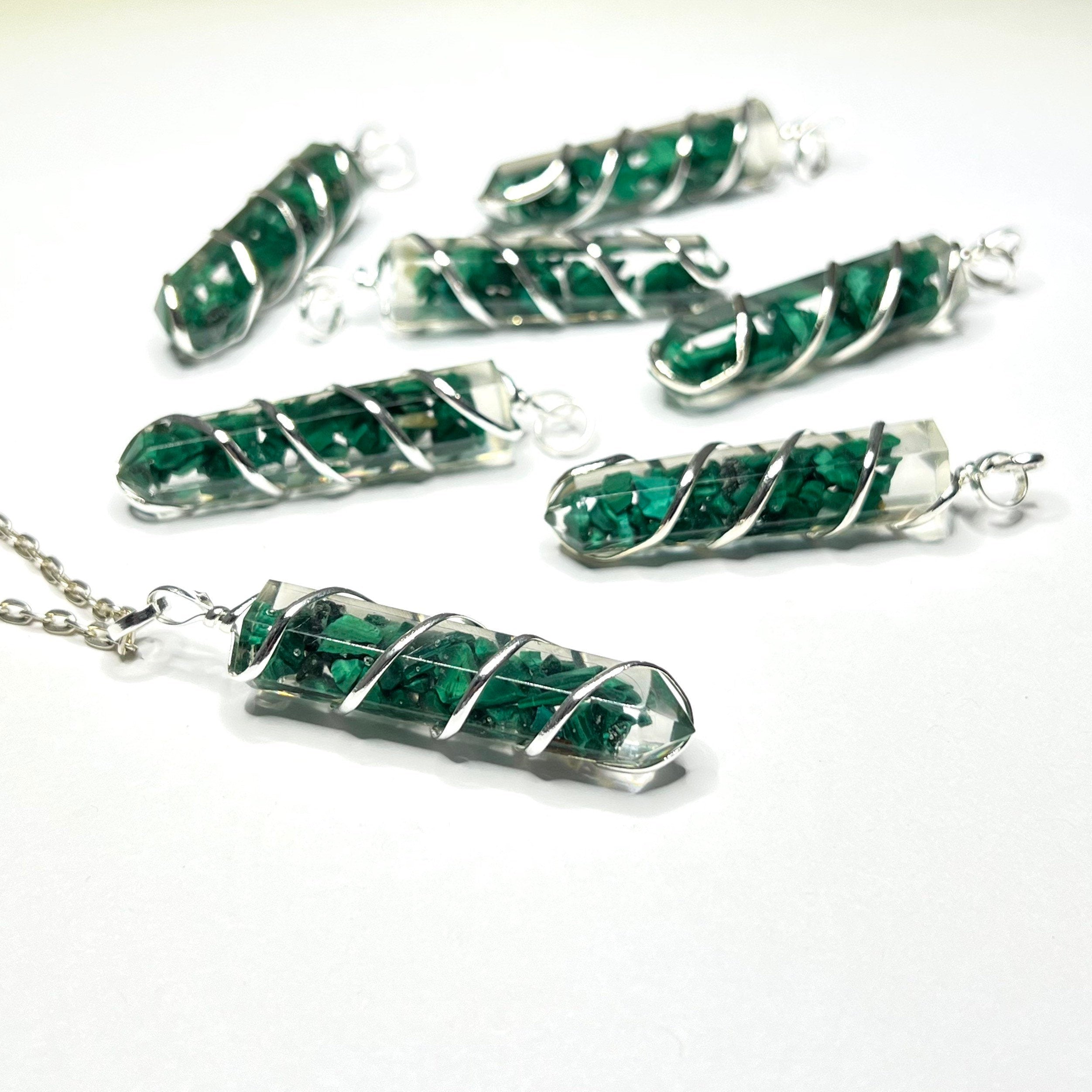 Malachite in Orgonite Wire Wrapped Pendant Necklace