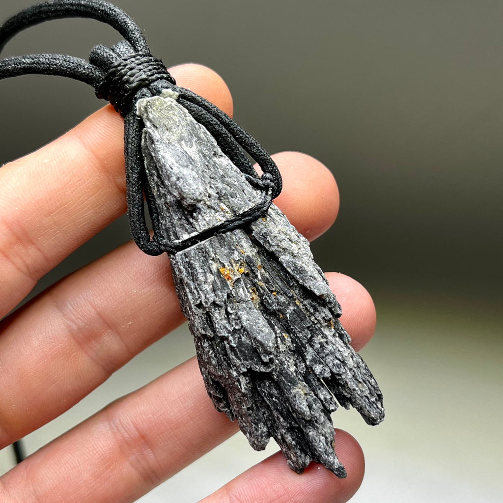 Raw Black Kyanite Pendant Necklace: Handmade Crystal Cord Necklace