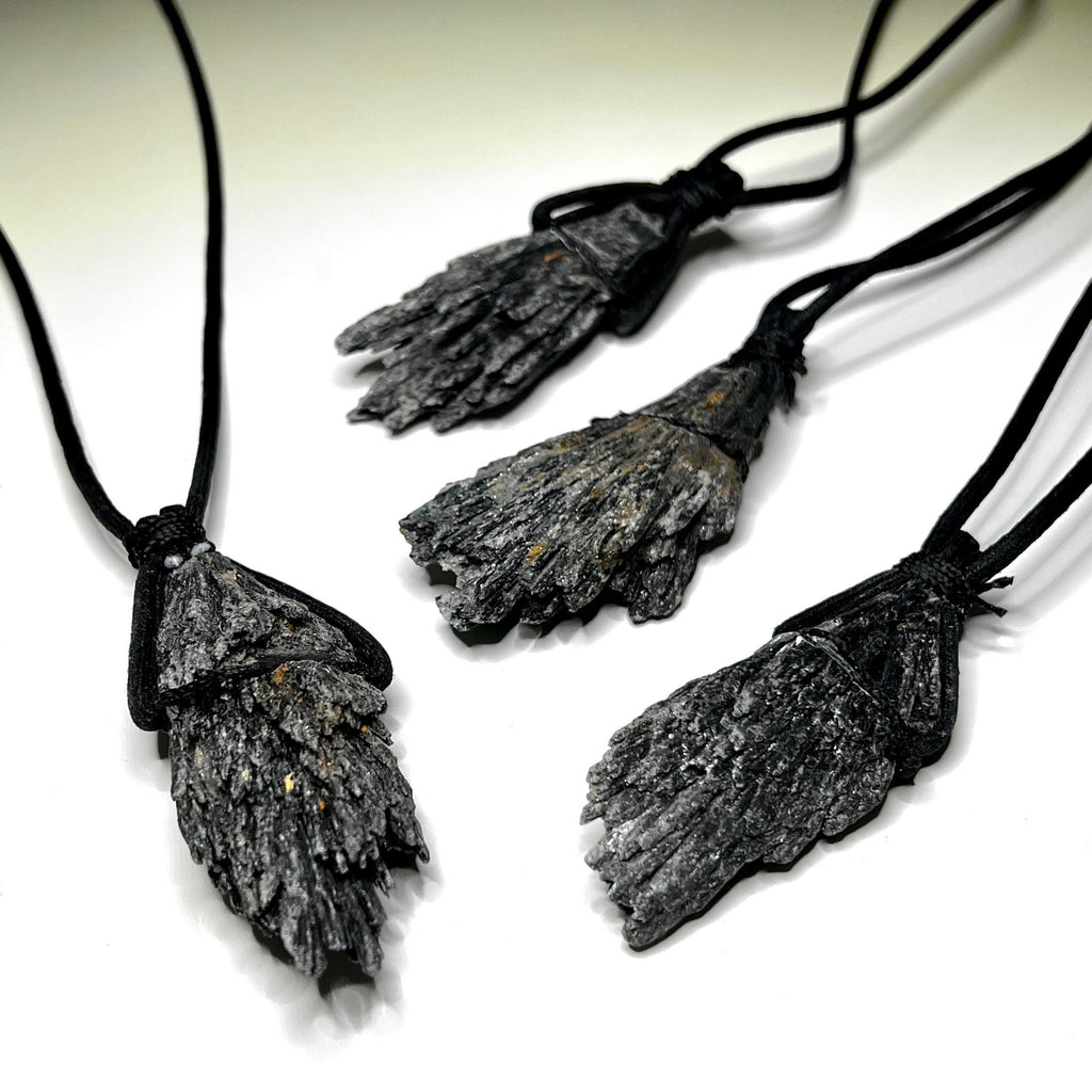Raw Black Kyanite Pendant Necklace: Handmade Crystal Cord Necklace