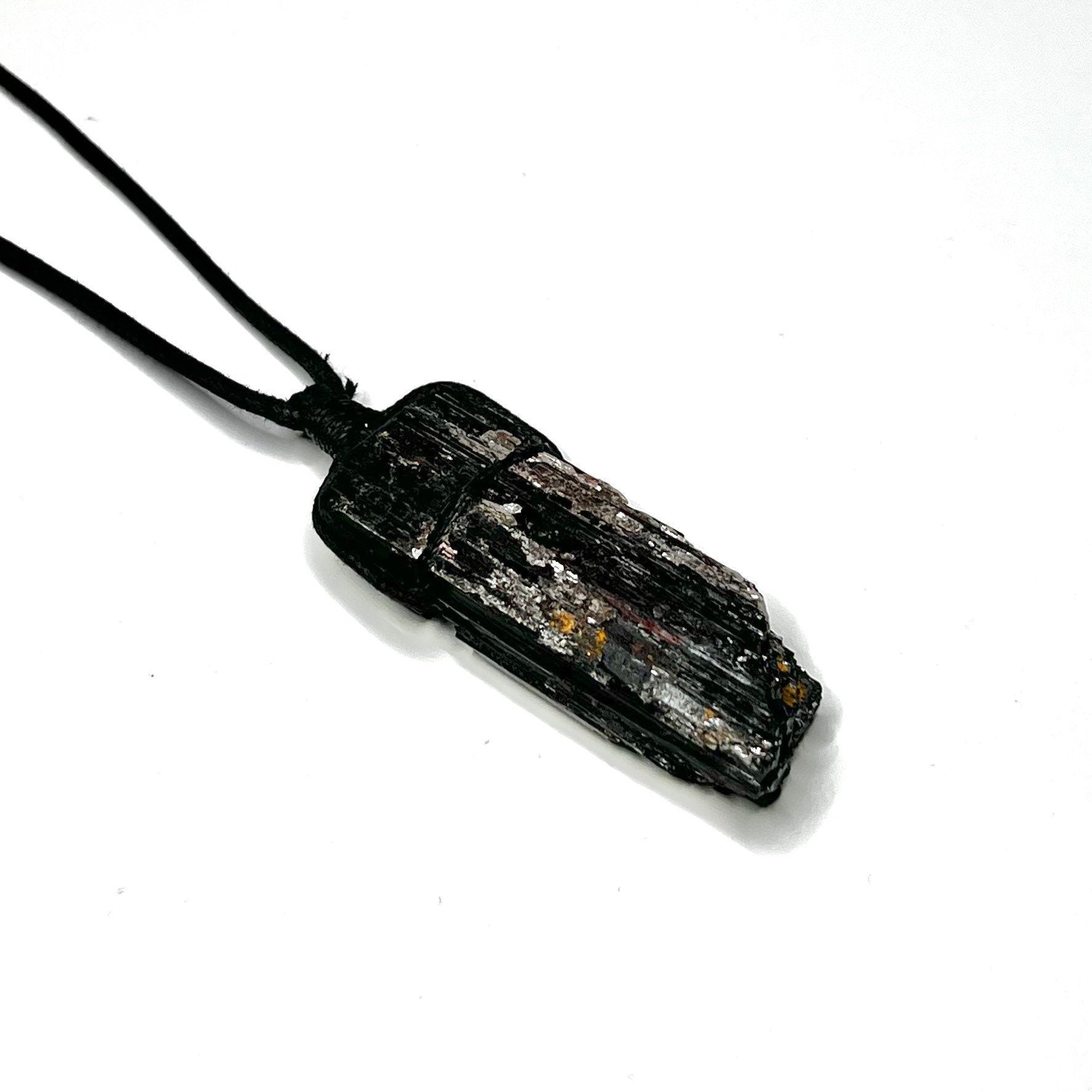 Raw Black Tourmaline & Mica Crystal Necklace - Cotton Cord
