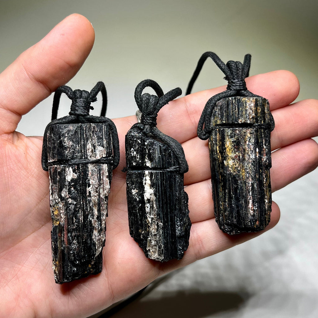Raw Black Tourmaline & Mica Crystal Necklace - Cotton Cord