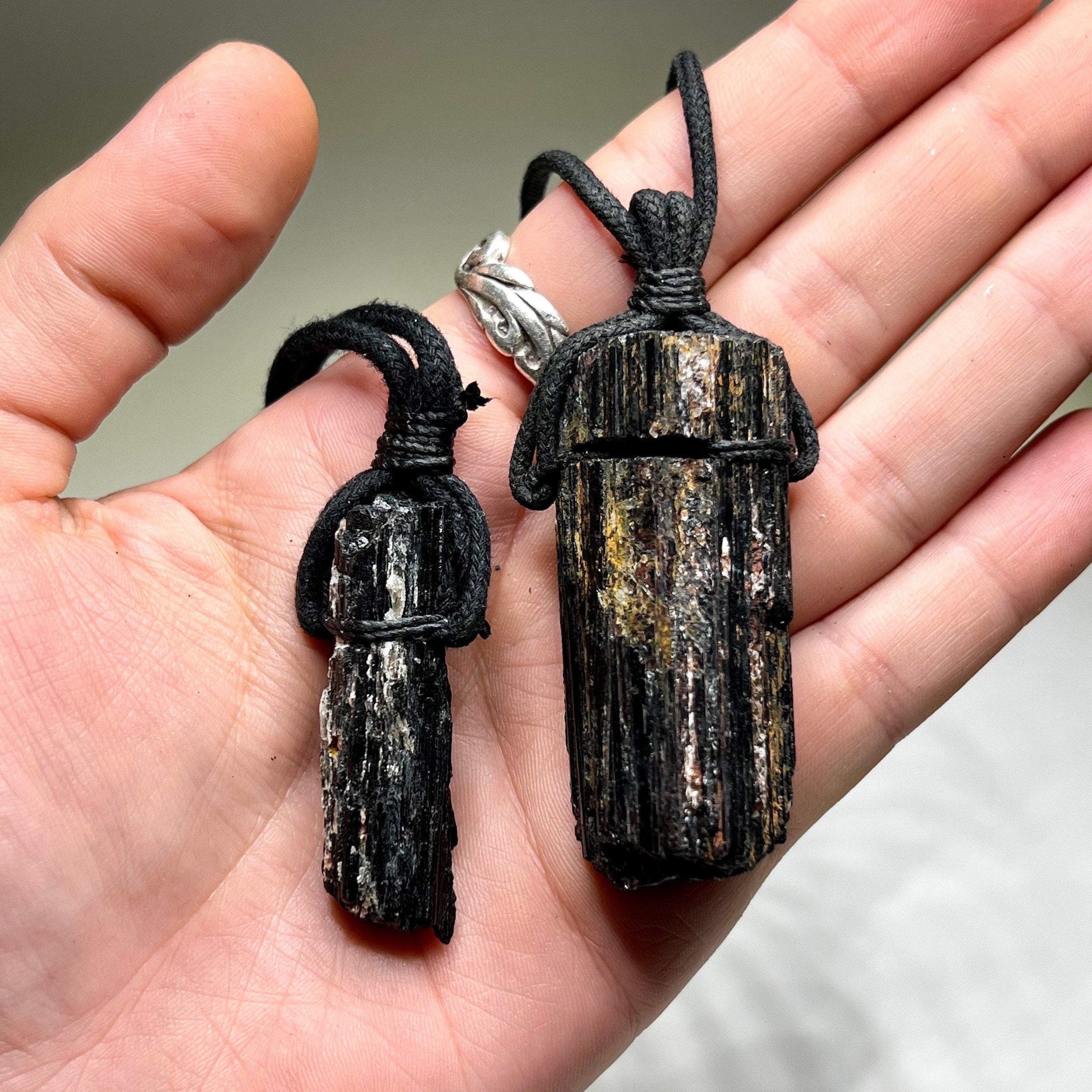 Raw Black Tourmaline & Mica Crystal Necklace - Cotton Cord