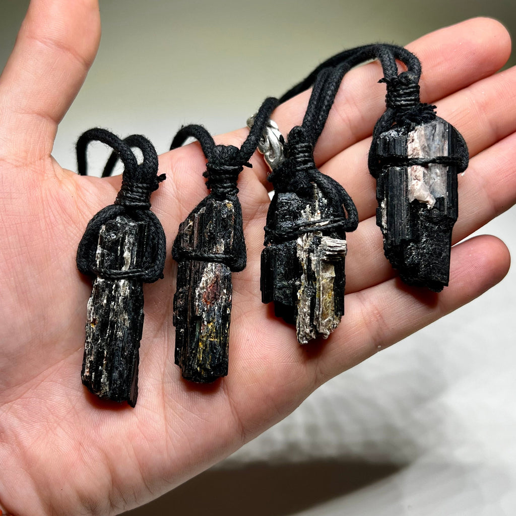 Raw Black Tourmaline & Mica Crystal Necklace - Cotton Cord