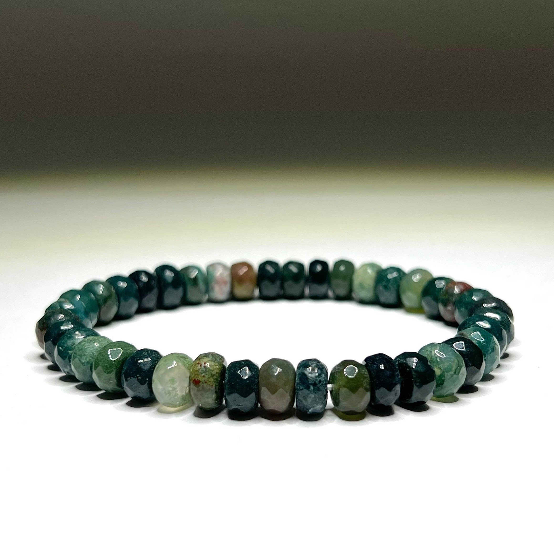 Moss Agate Crystal Bracelet: Choose 4mm or 8mm Rondelle Gemstone Beads
