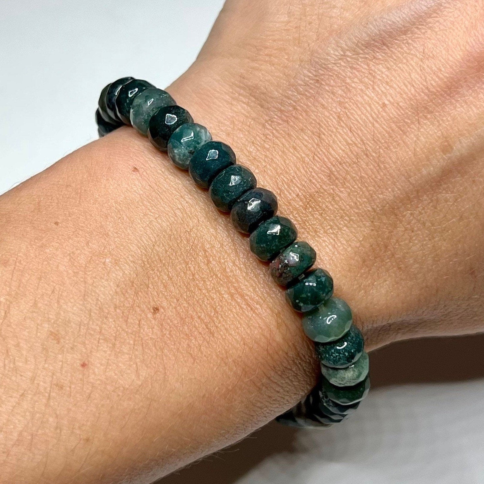 Moss Agate Crystal Bracelet: Choose 4mm or 8mm Rondelle Gemstone Beads