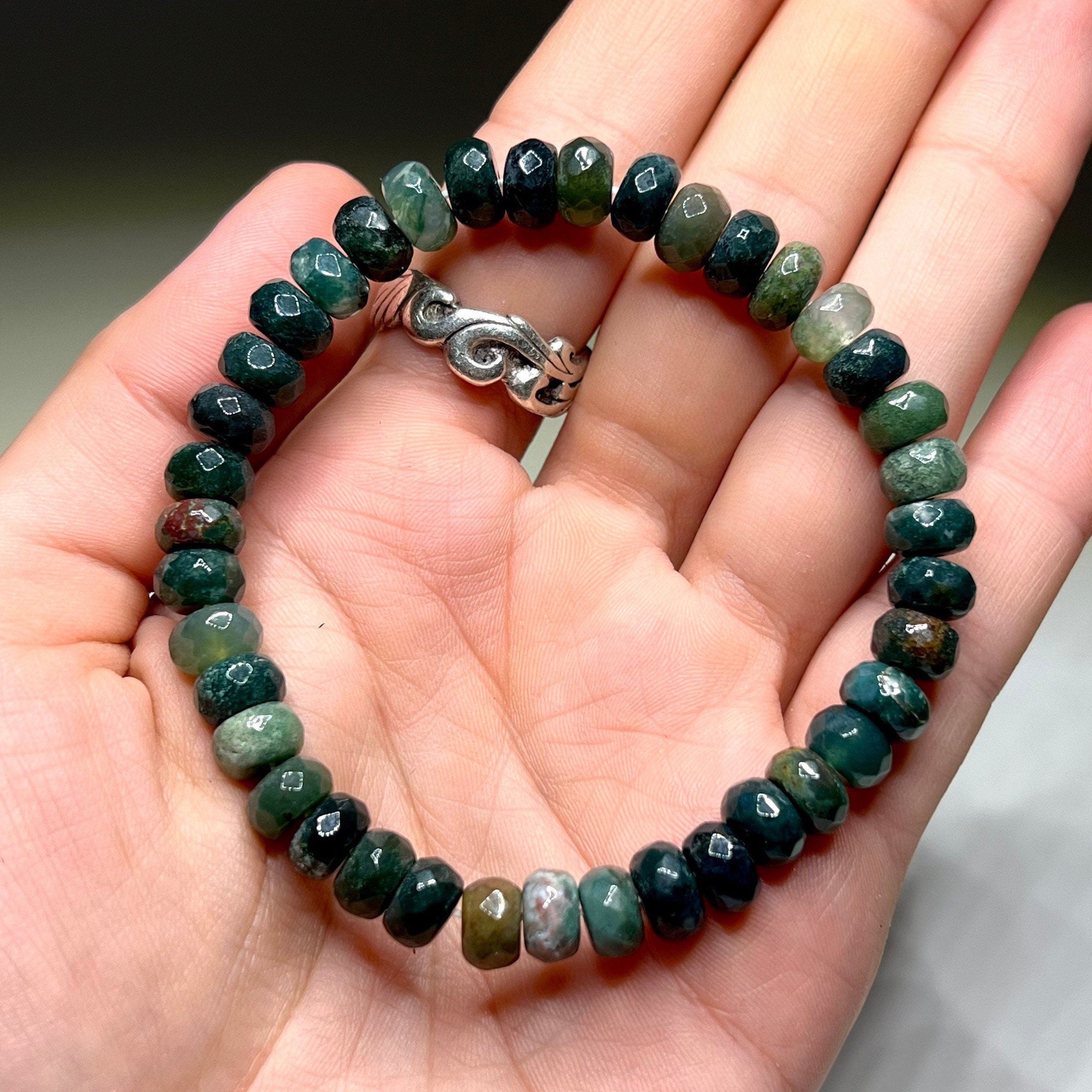 Moss Agate Crystal Bracelet: Choose 4mm or 8mm Rondelle Gemstone Beads