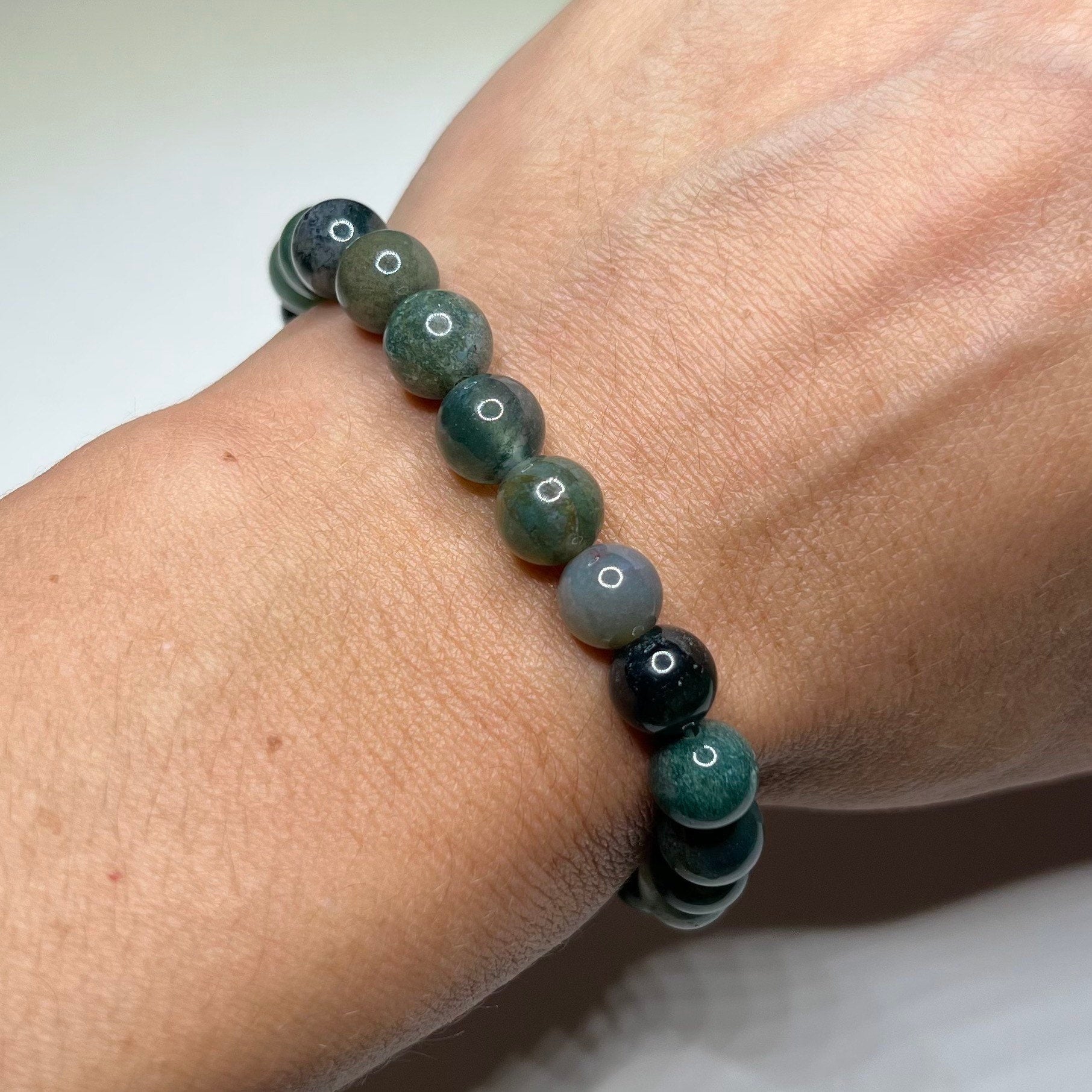 Moss Agate Crystal Bracelet: Gemstone Beaded Stretch Bracelet