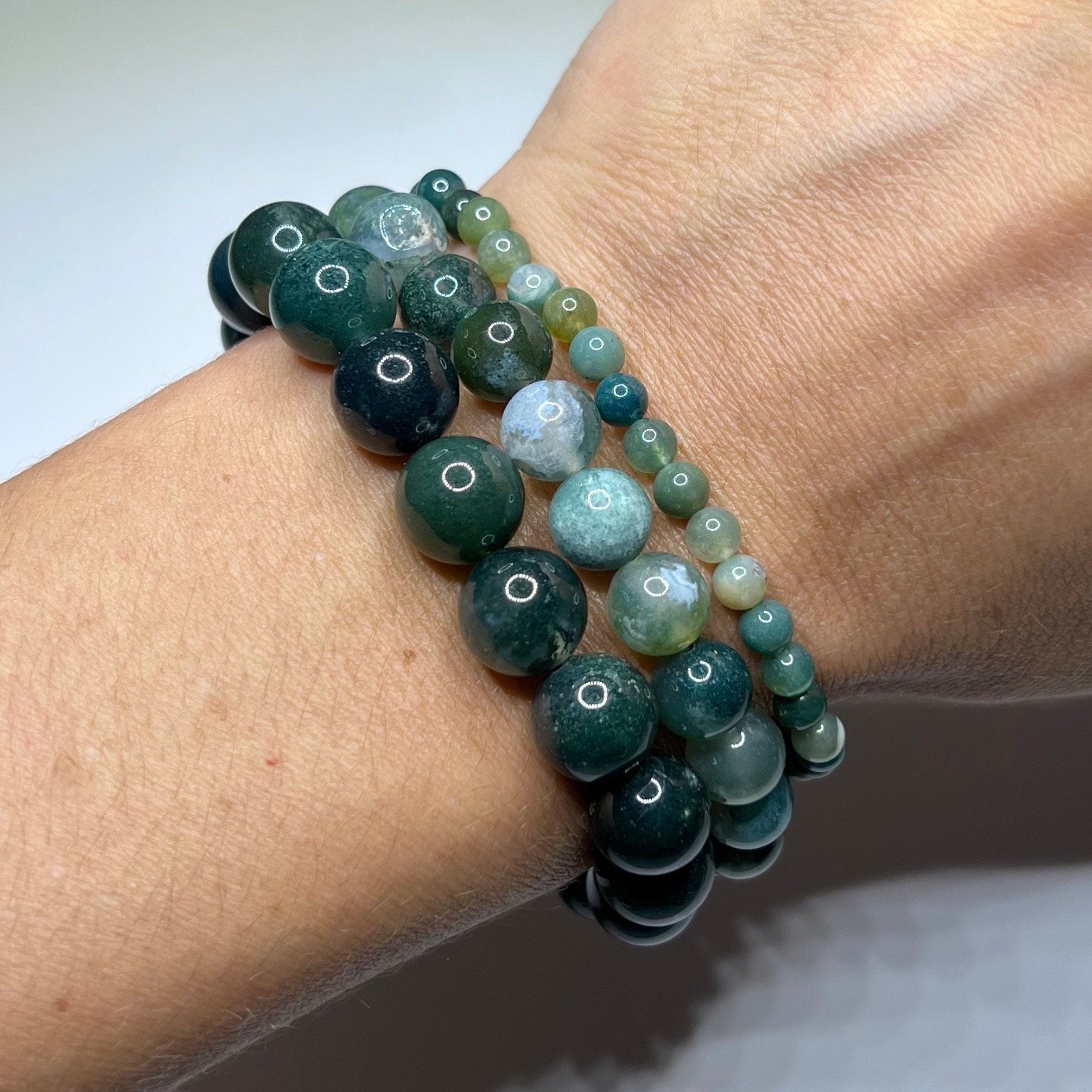 Moss Agate Crystal Bracelet: Gemstone Beaded Stretch Bracelet