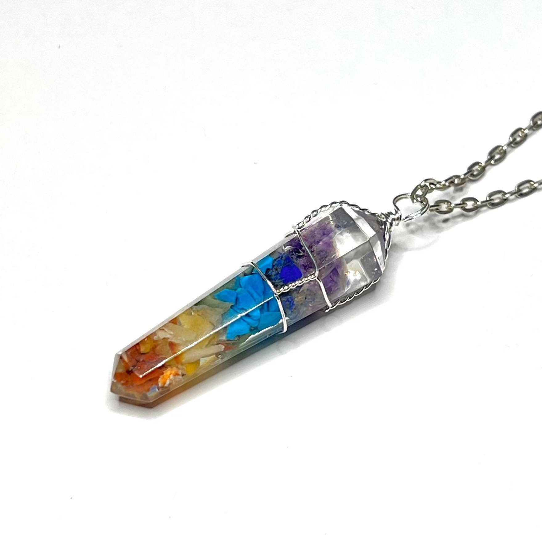 Seven Chakra Stone in Orgonite Wire Wrapped Pendant Necklace