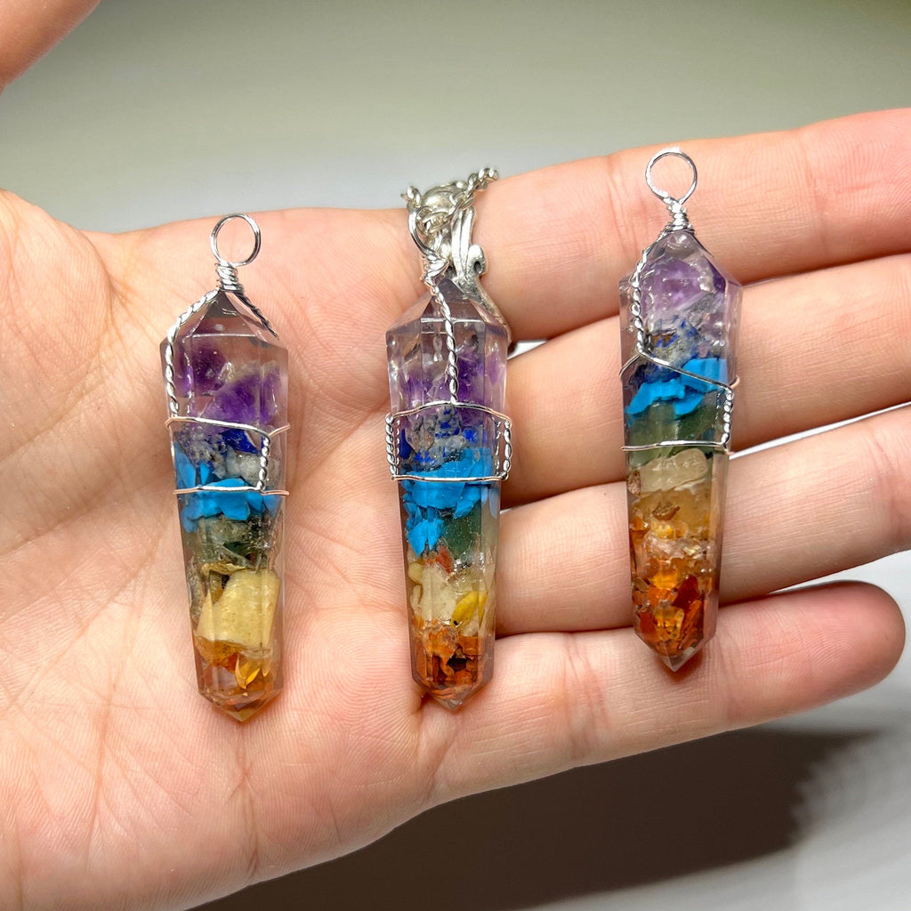 Seven Chakra Stone in Orgonite Wire Wrapped Pendant Necklace