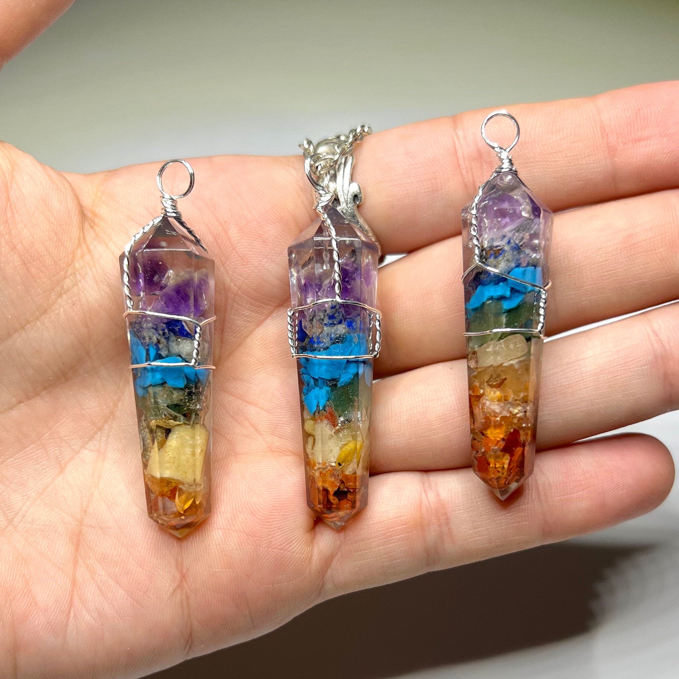 Seven Chakra Stone in Orgonite Wire Wrapped Pendant Necklace