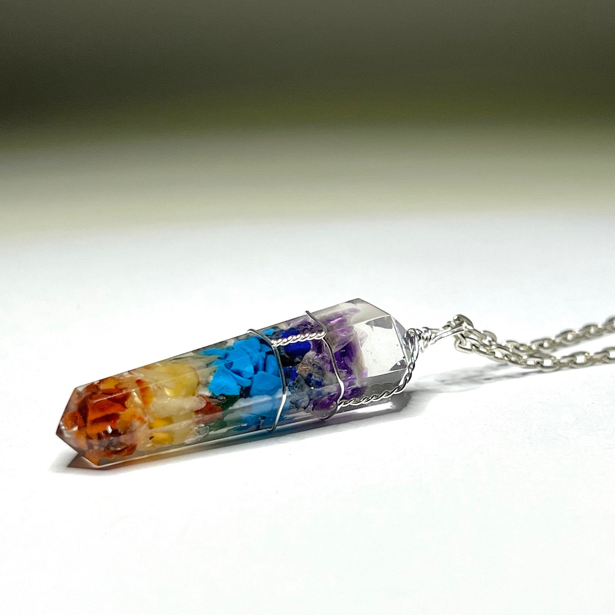 Seven Chakra Stone in Orgonite Wire Wrapped Pendant Necklace
