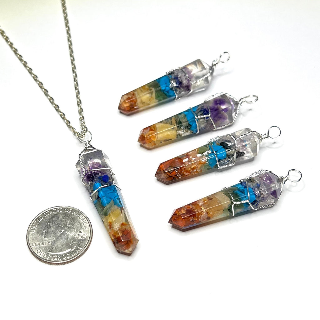 Seven Chakra Stone in Orgonite Wire Wrapped Pendant Necklace