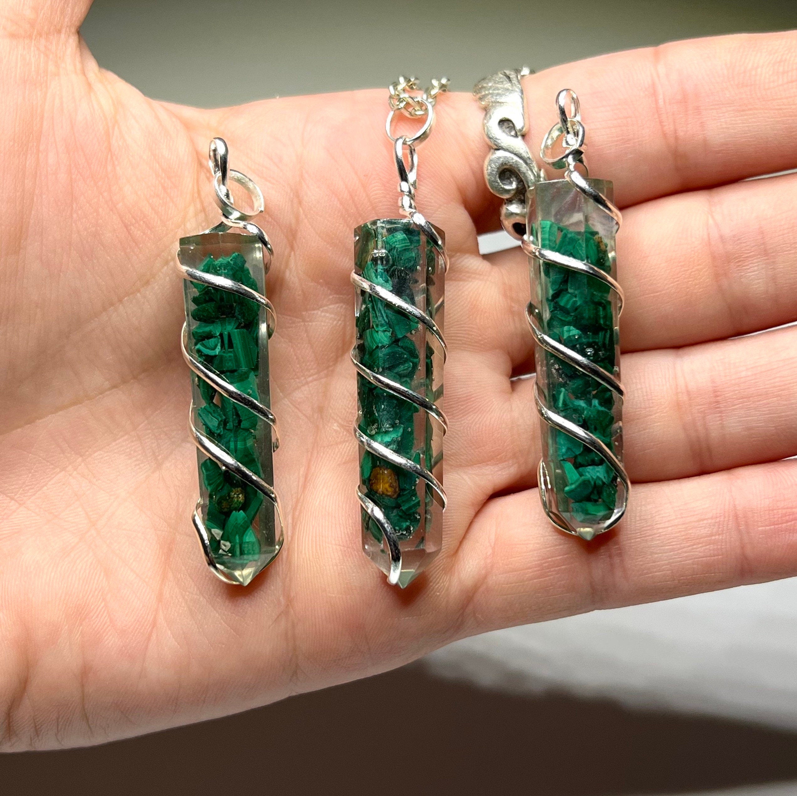 Malachite in Orgonite Wire Wrapped Pendant Necklace